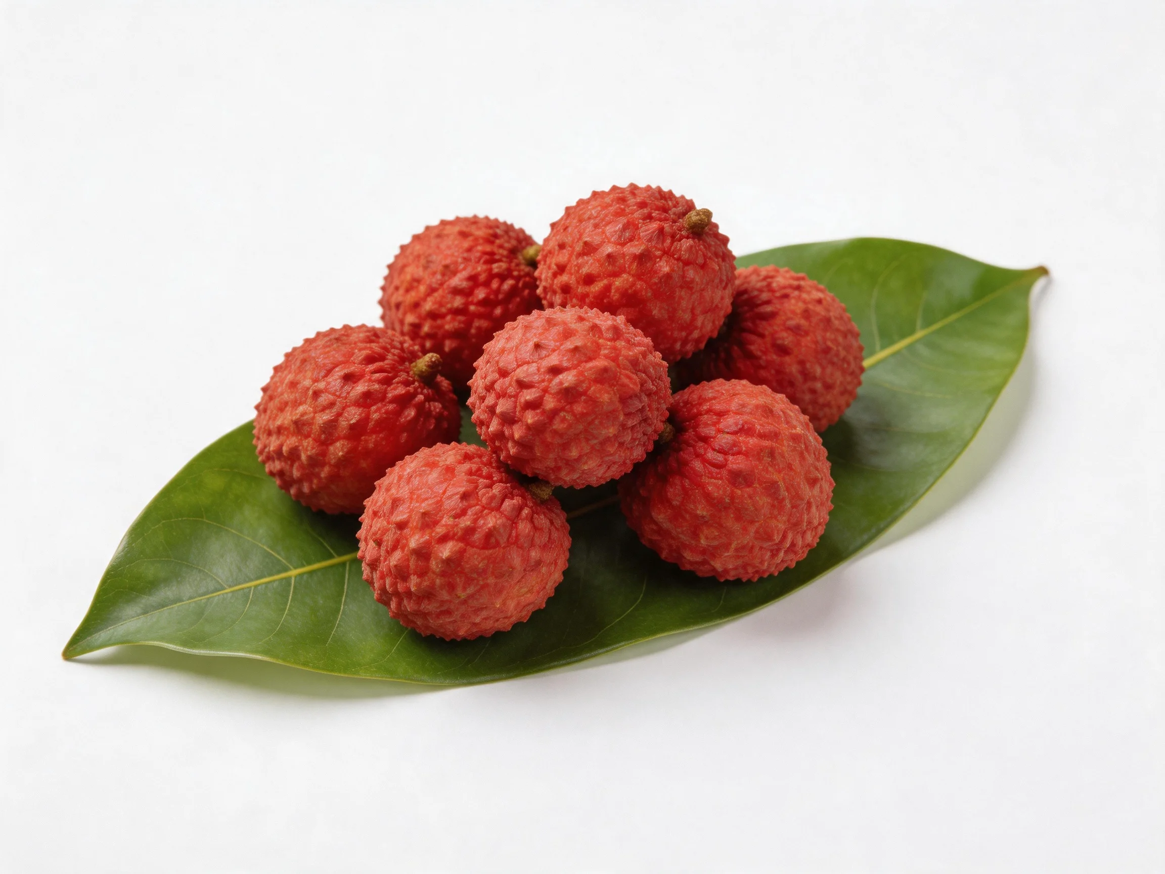 Seven vibrant red lychees arranged on a large green leaf