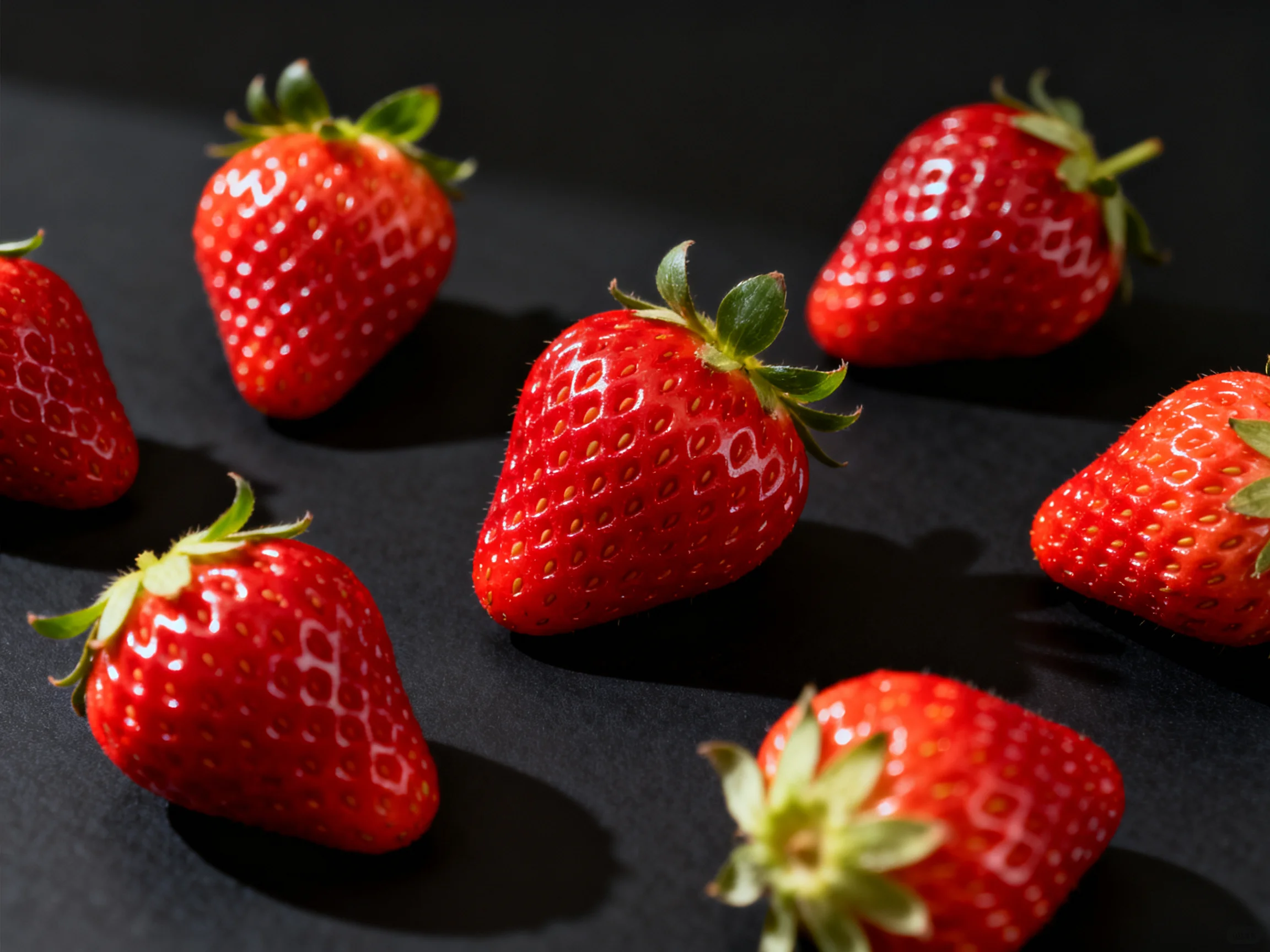 Seven vibrant red strawberries scattered on a dark surface