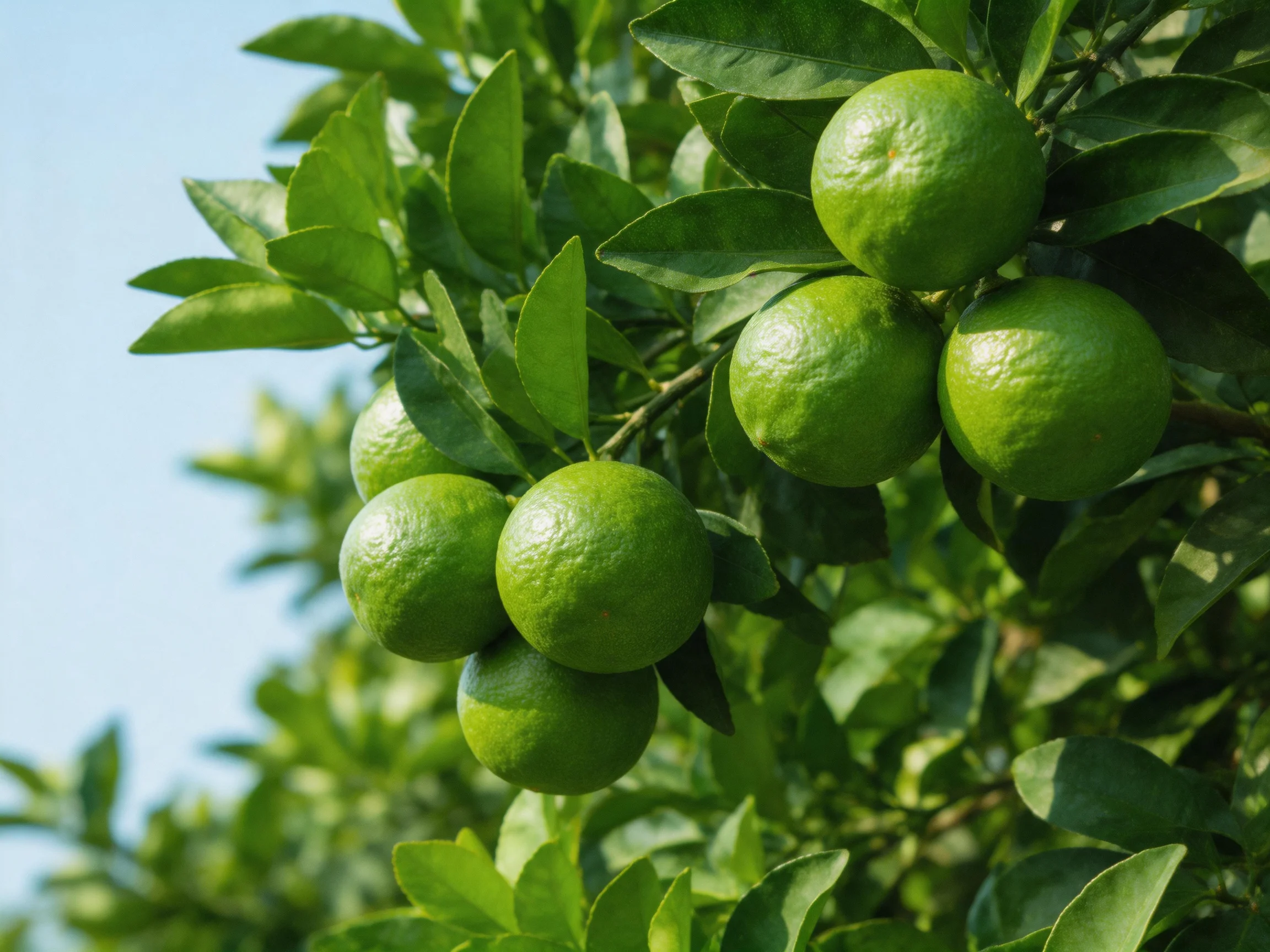 Several bright green limes hang from a leafy citrus tree