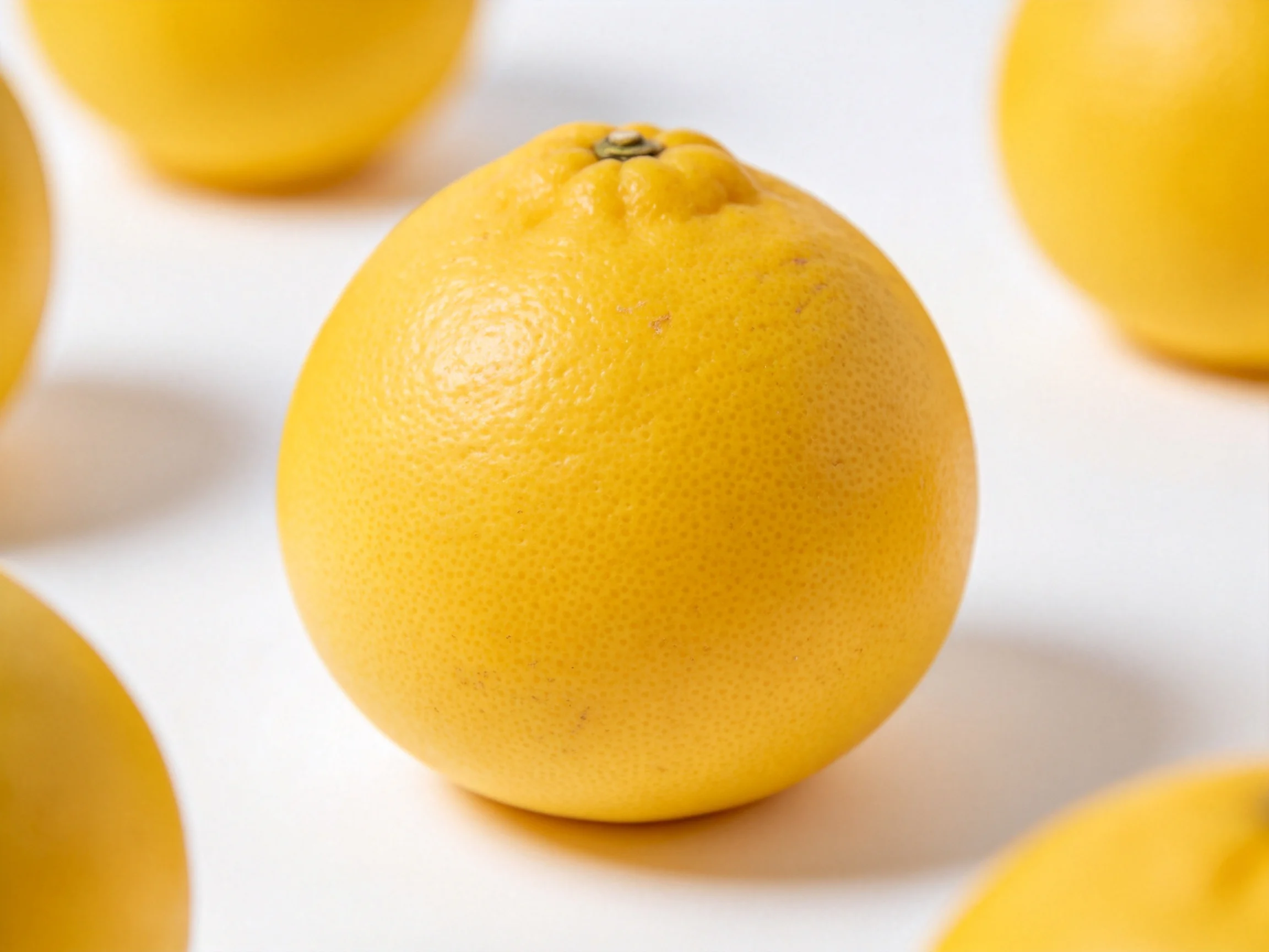 Several bright yellow citrus fruits arranged on a white surface