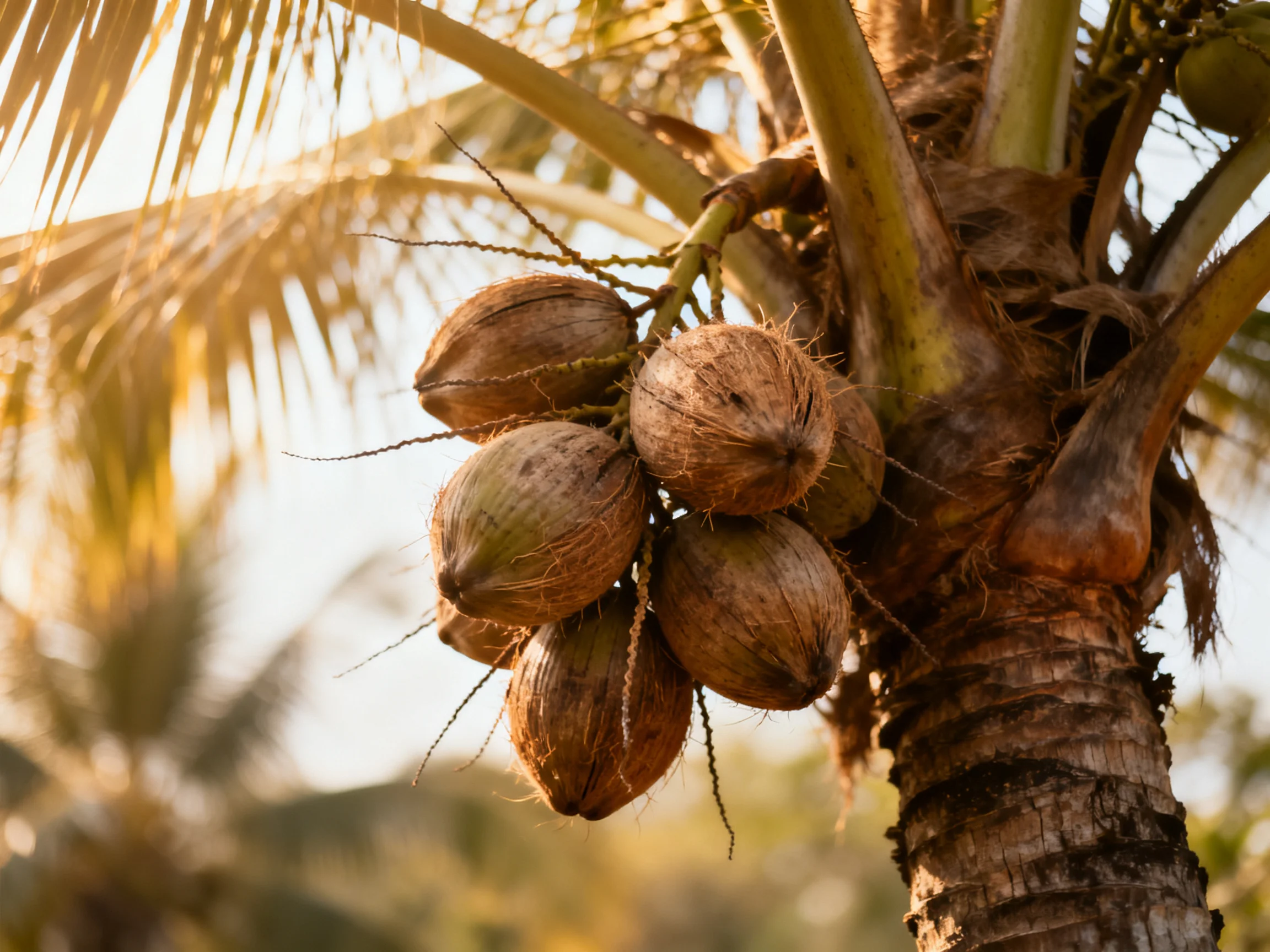 Several brown coconuts cluster on a tall palm tree