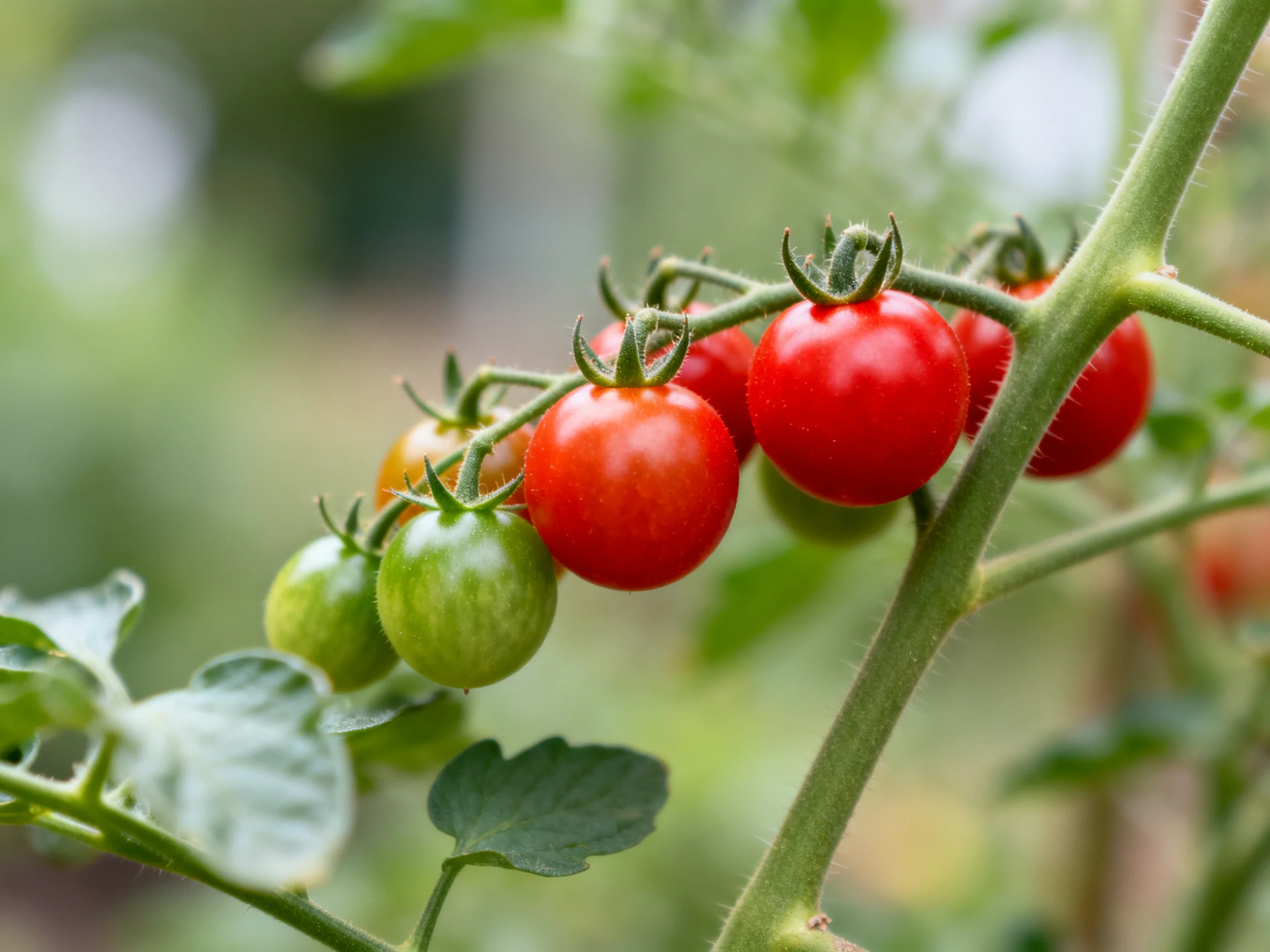 Several cherry tomatoes in different stages of ripeness on a green vine
