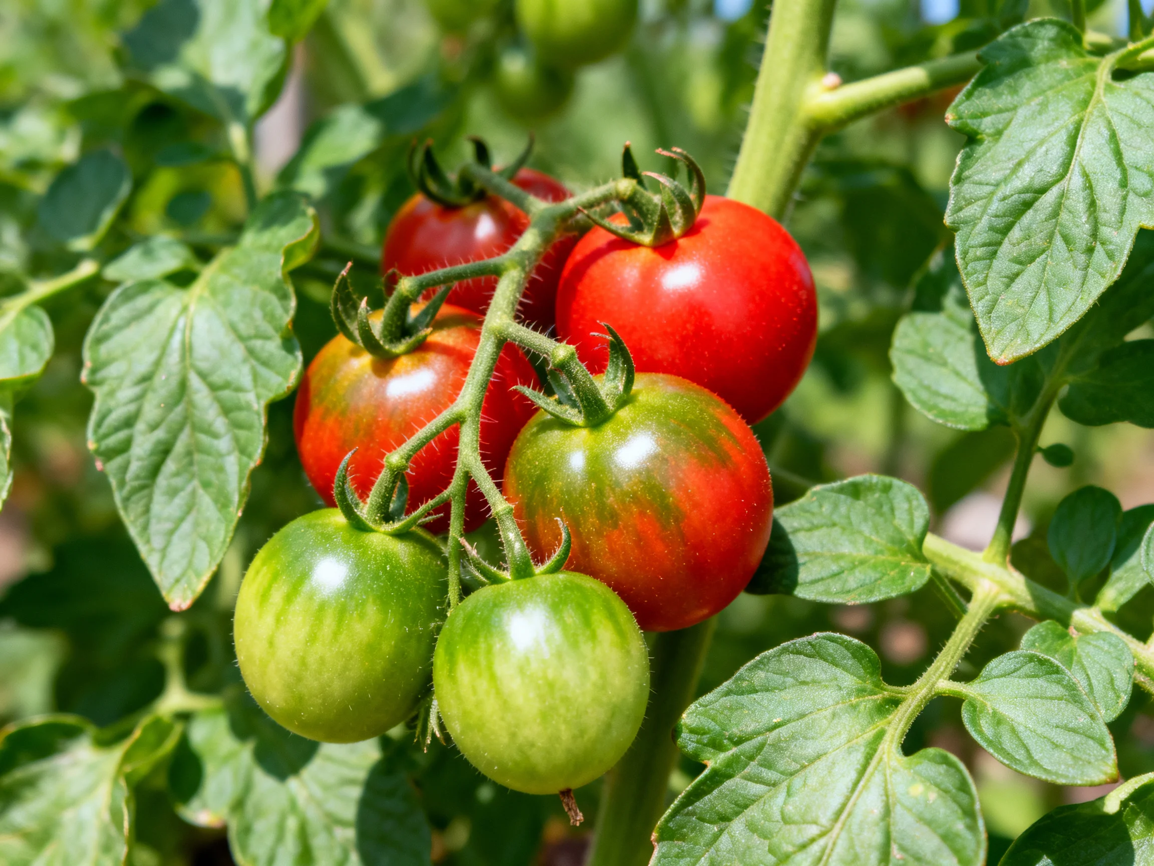 Several cherry tomatoes, red and green, clustered on a leafy vine