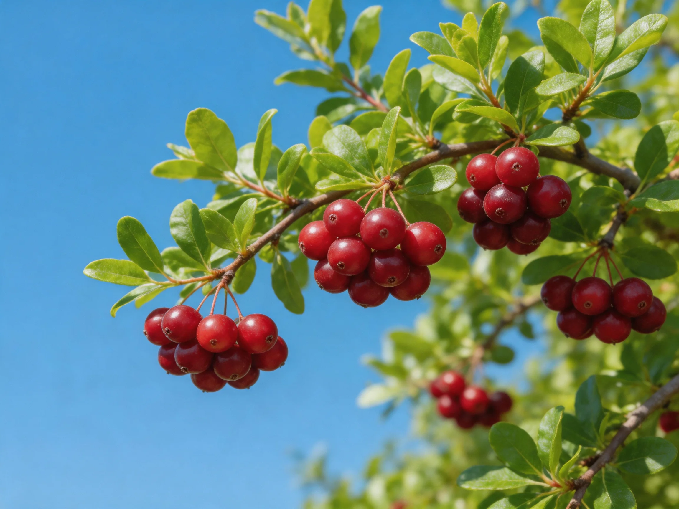 Several clusters of vibrant red berries hang from branches with glossy green leaves against a clear b