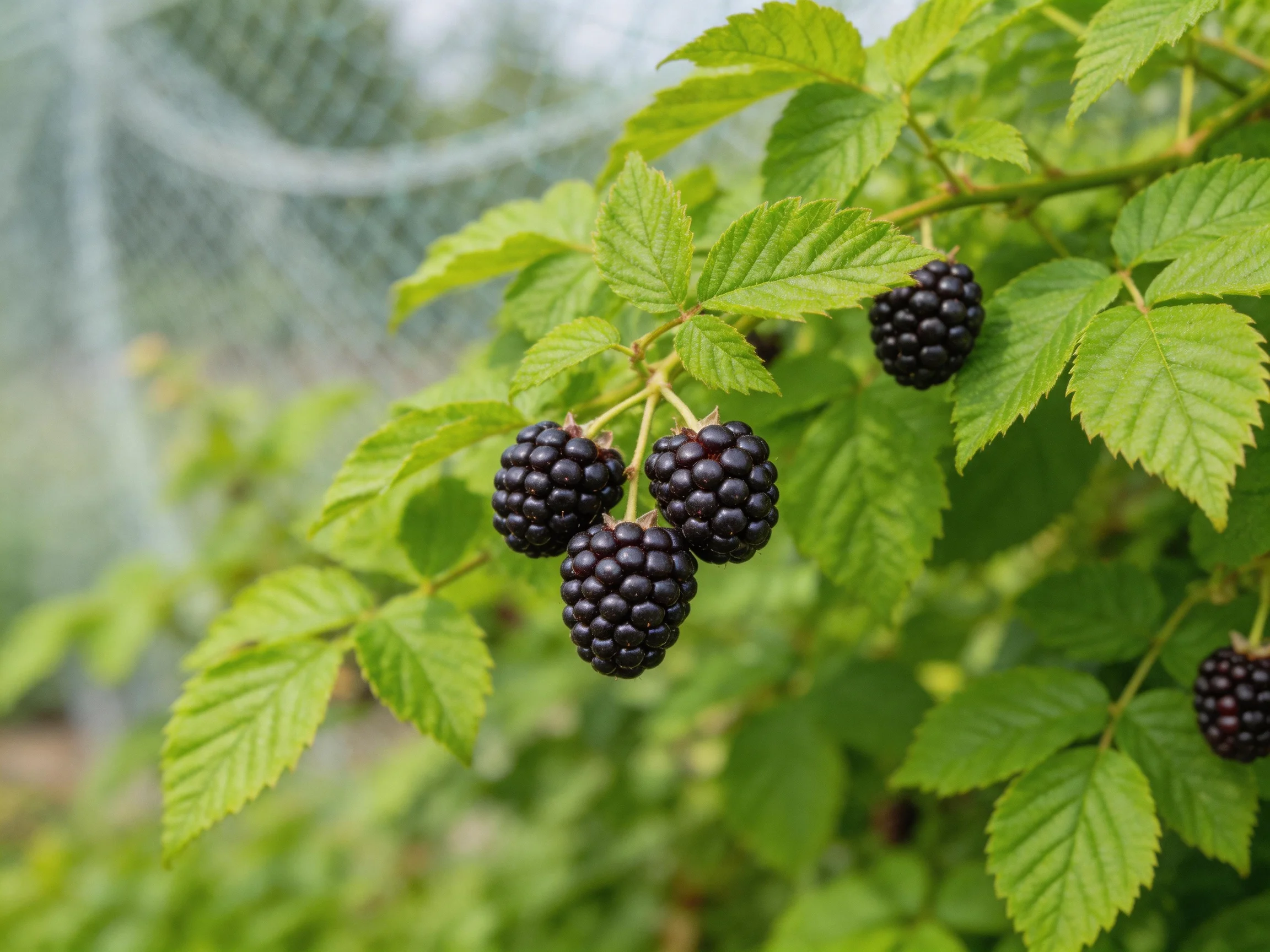 Several dark berries cluster among green leaves