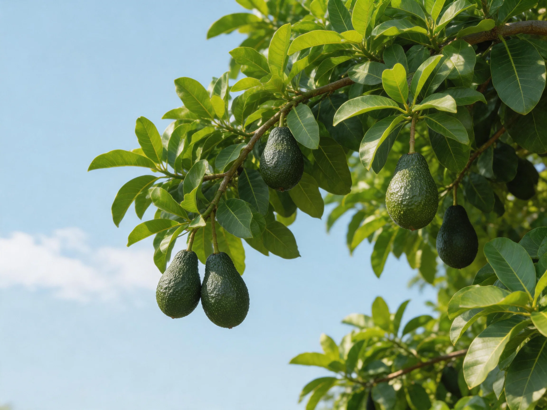 Several dark-green avocados hang from a leafy tree branch under a clear blue sky