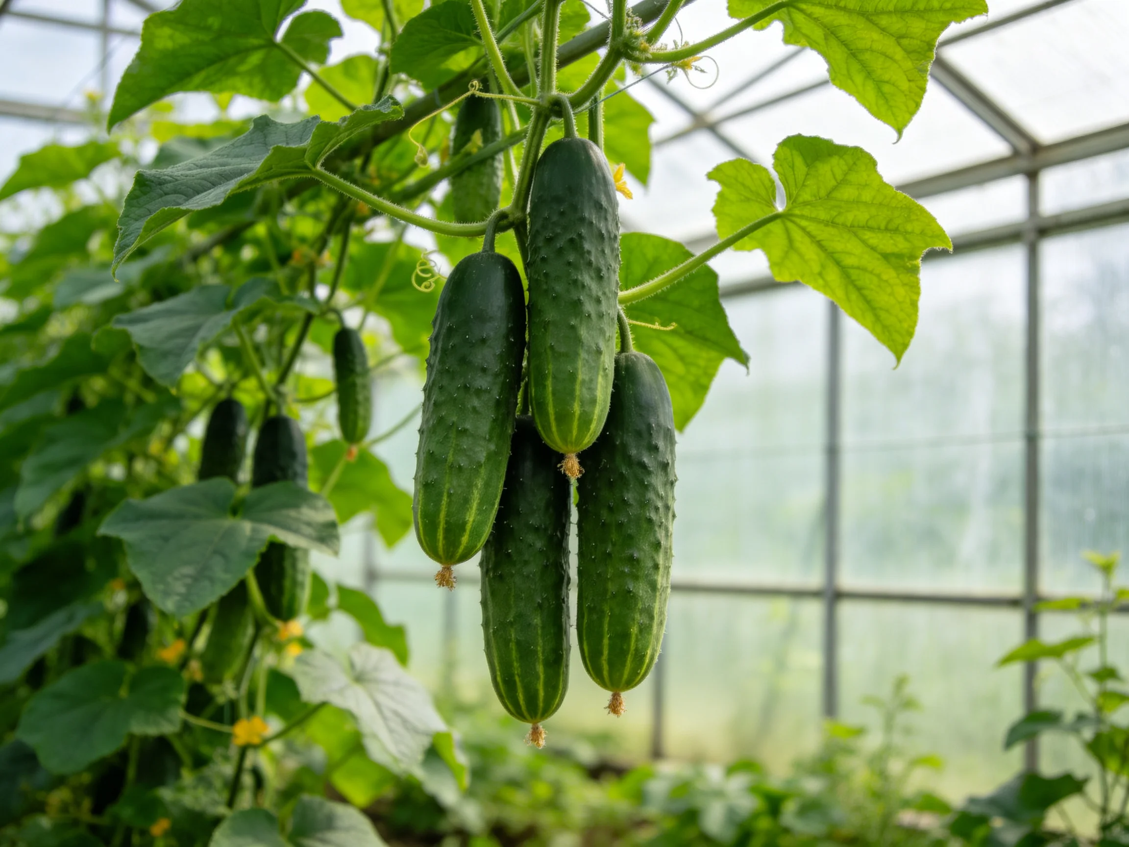 Several dark-green cucumbers grow on vines in a sunlit greenhouse