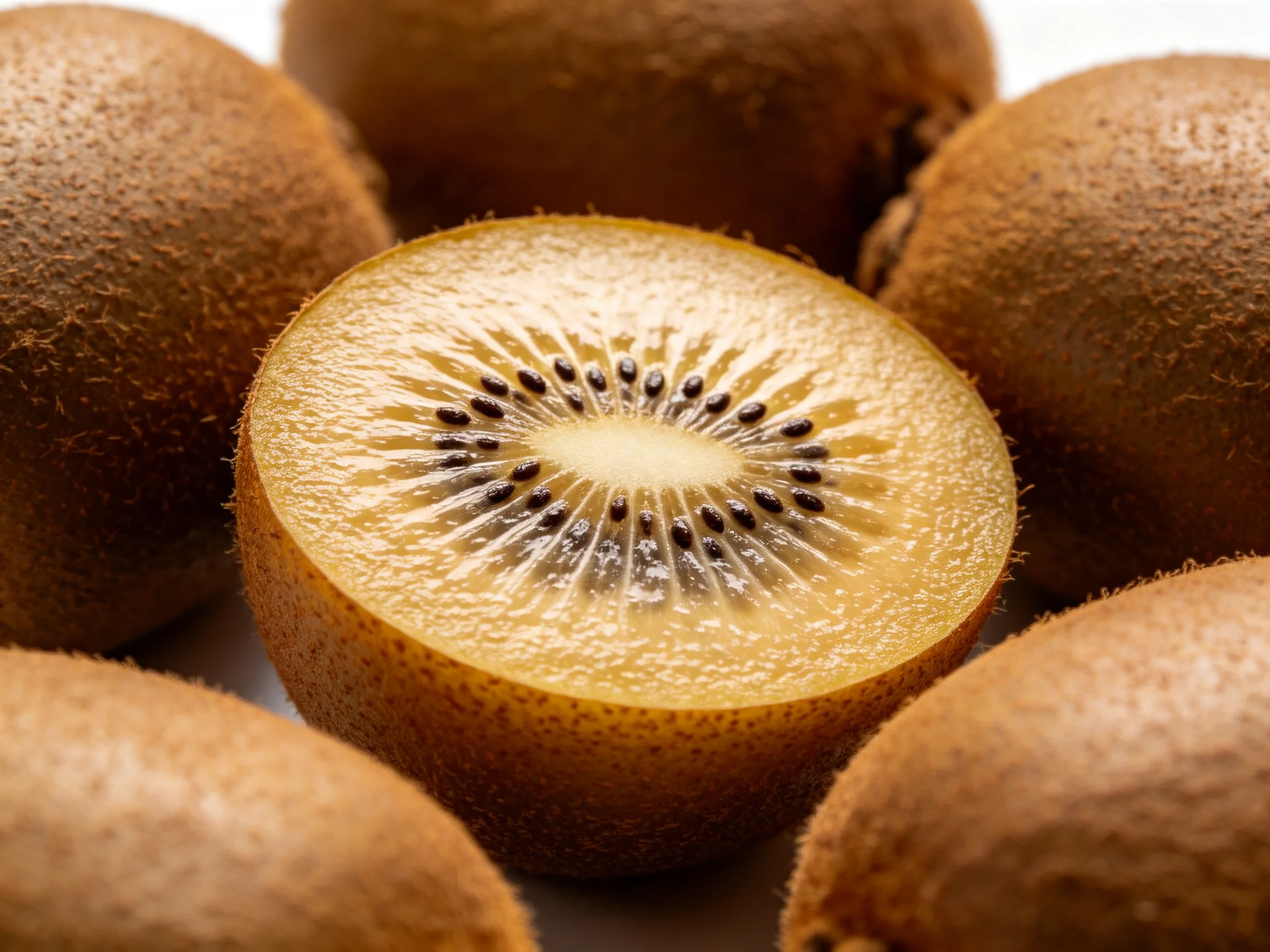 Several fresh brown kiwis surround a halved fruit with golden flesh