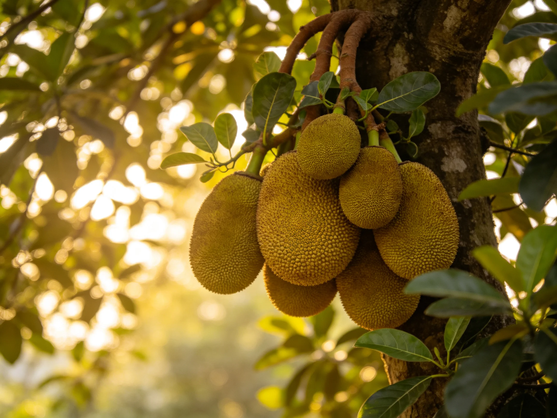 Several jackfruits hang from a tree amid golden sunlight