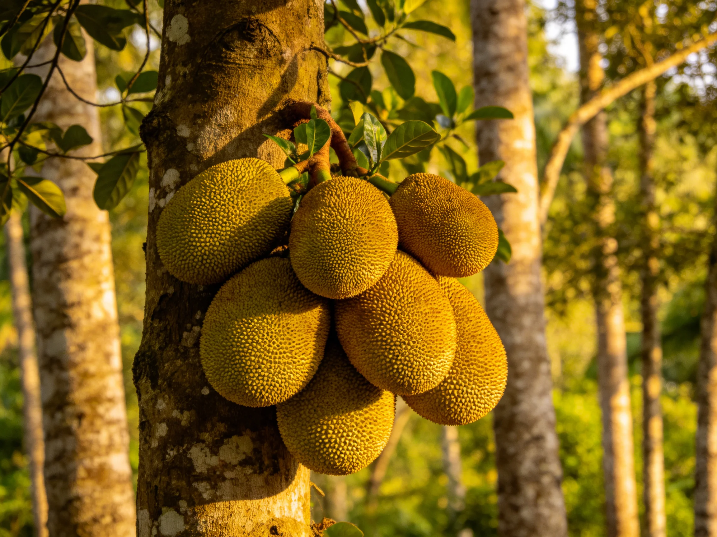 Several large golden jackfruits cluster on a mossy tree trunk in a sunlit forest.