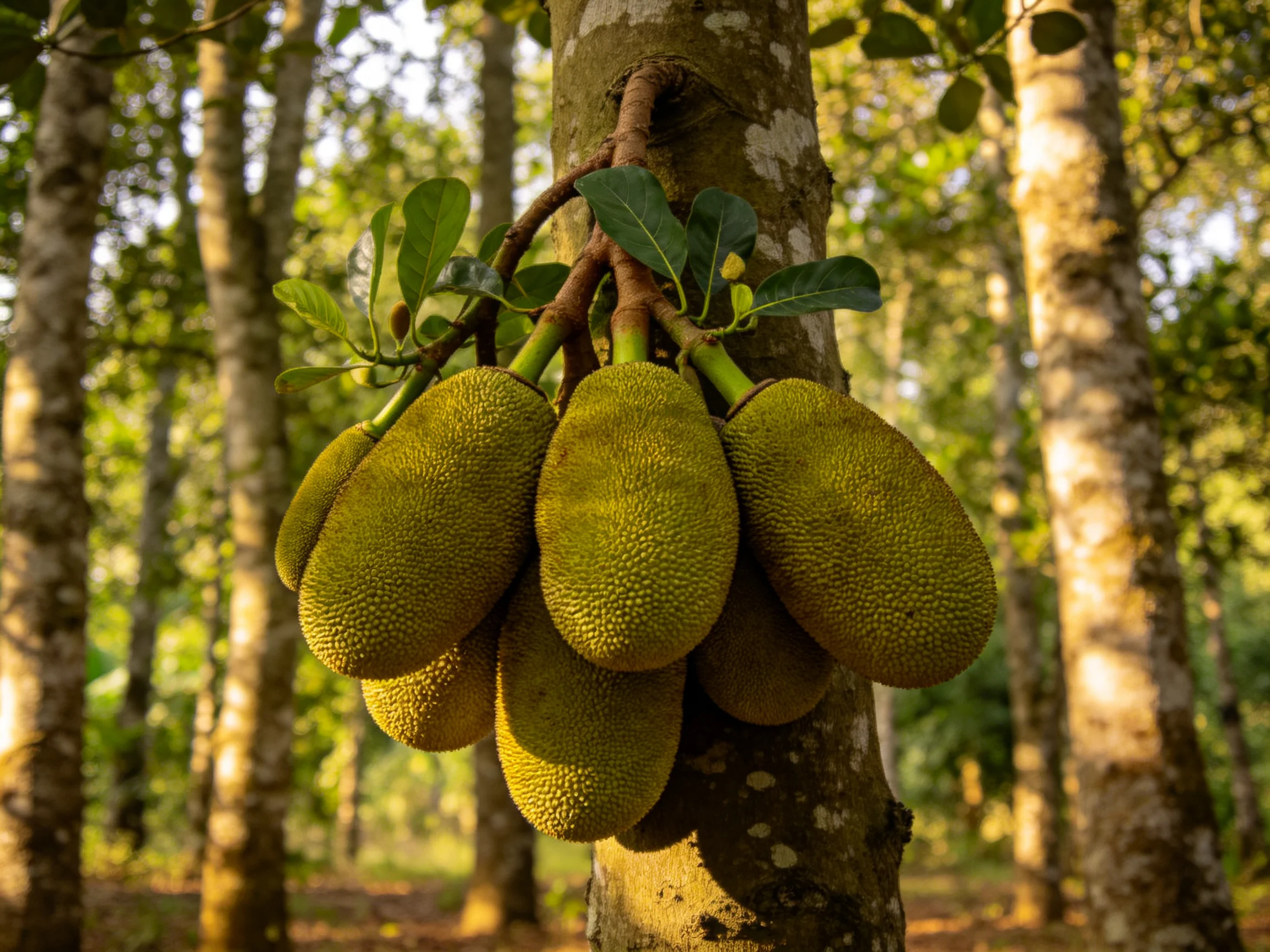 Several large green jackfruits hang from a tree trunk in a sunlit forest