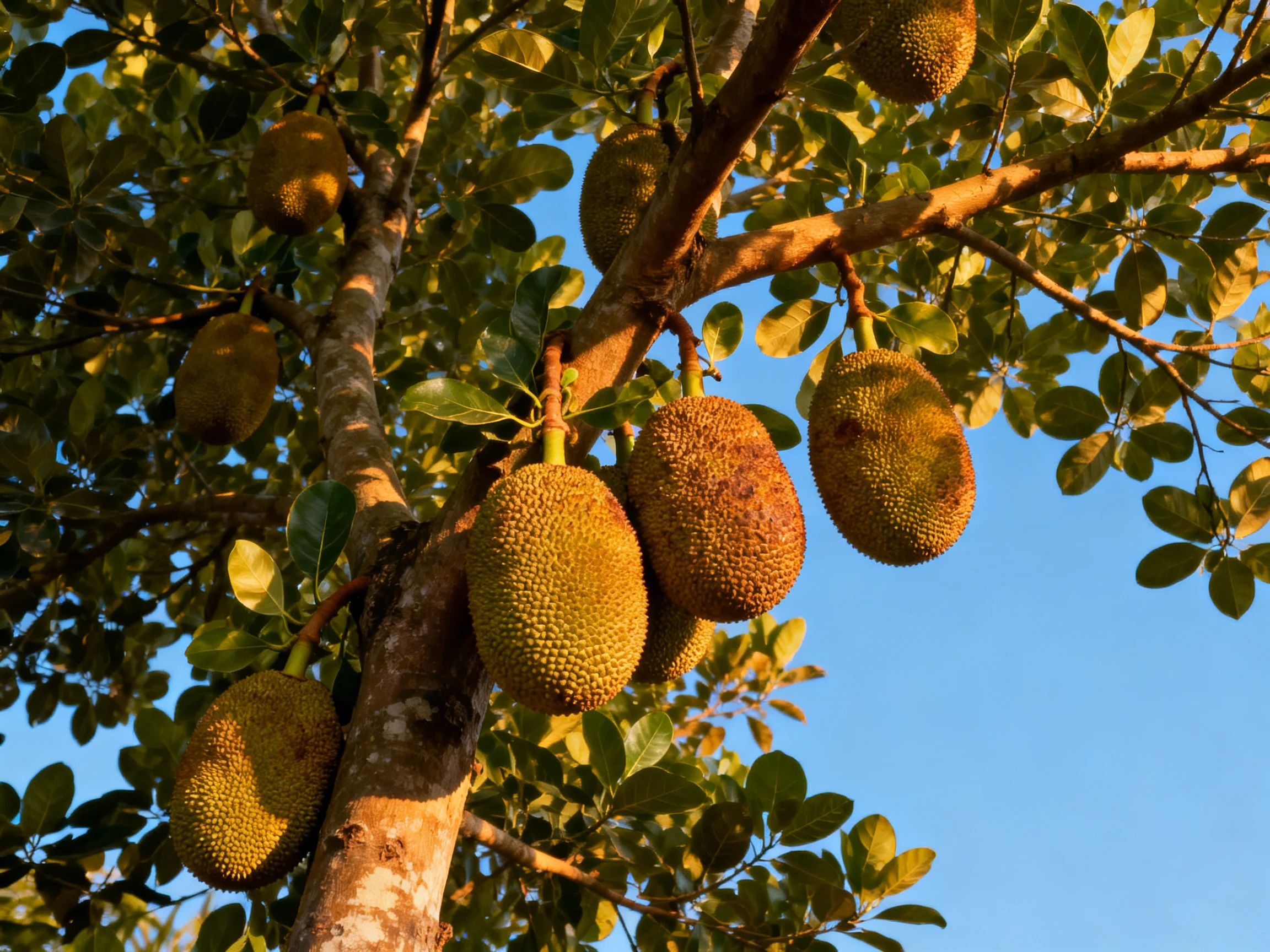 Several large jackfruits hang from a tree with green leaves