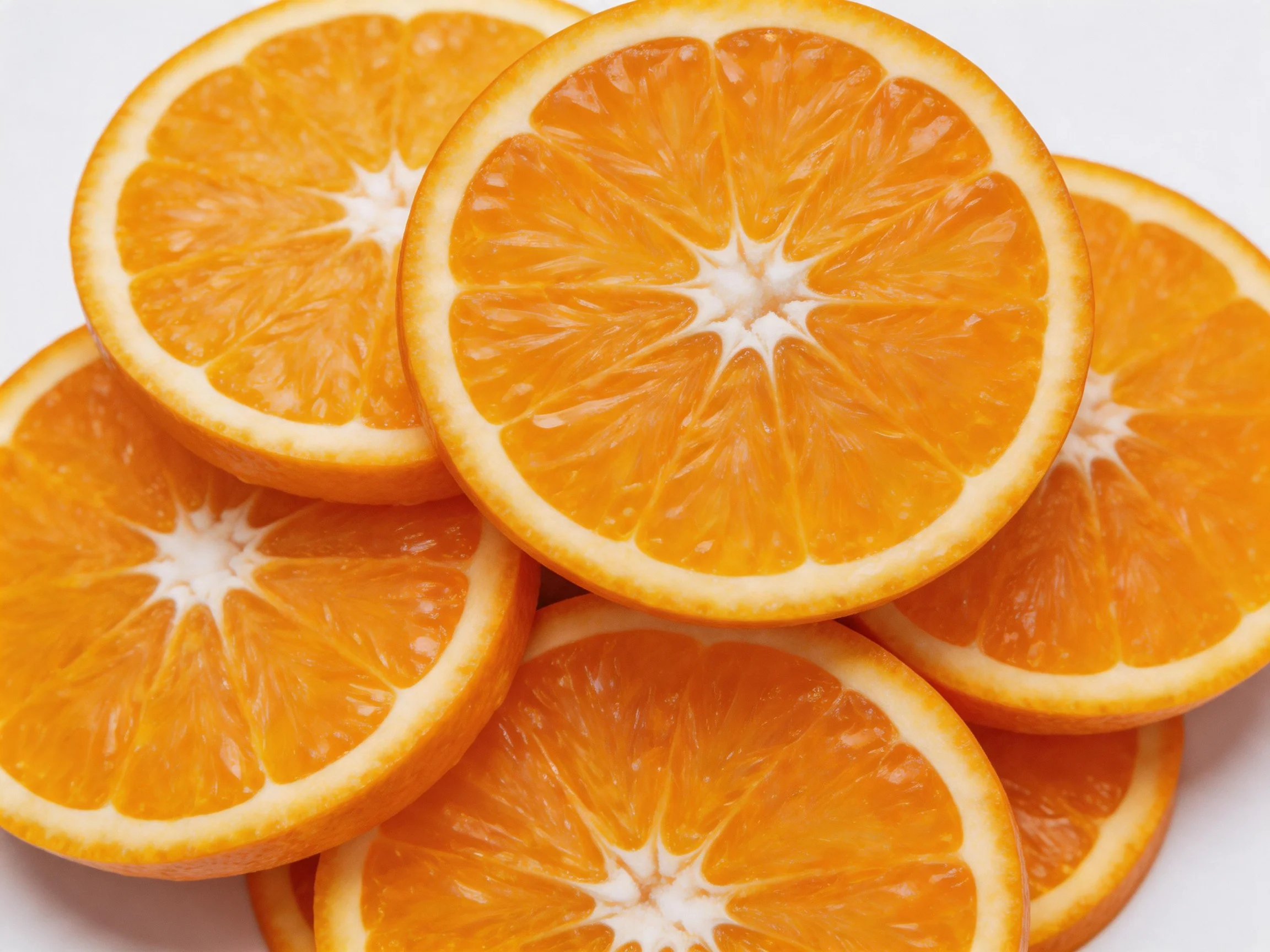 Several orange slices stacked with vibrant citrus tones
