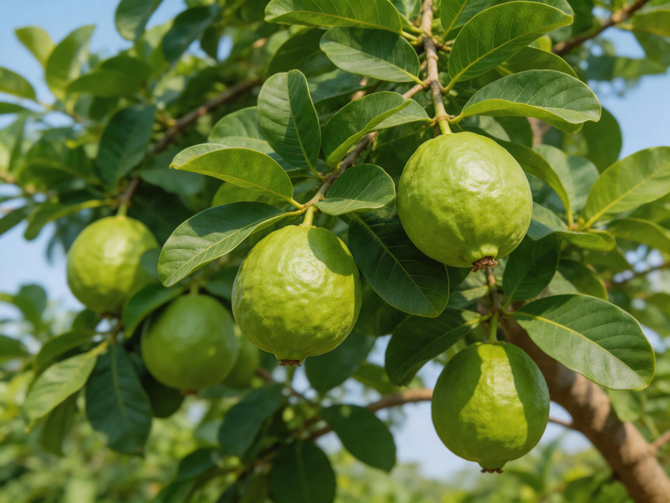 Several ripe green guavas hang from a leafy tree branch