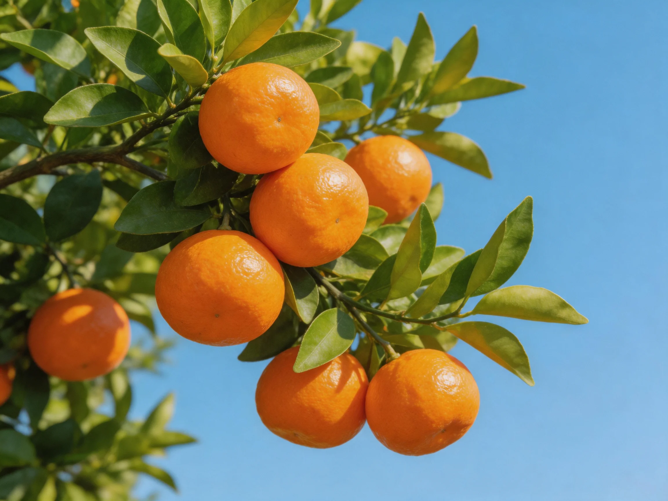 Several ripe oranges cluster on a tree with lush green leaves