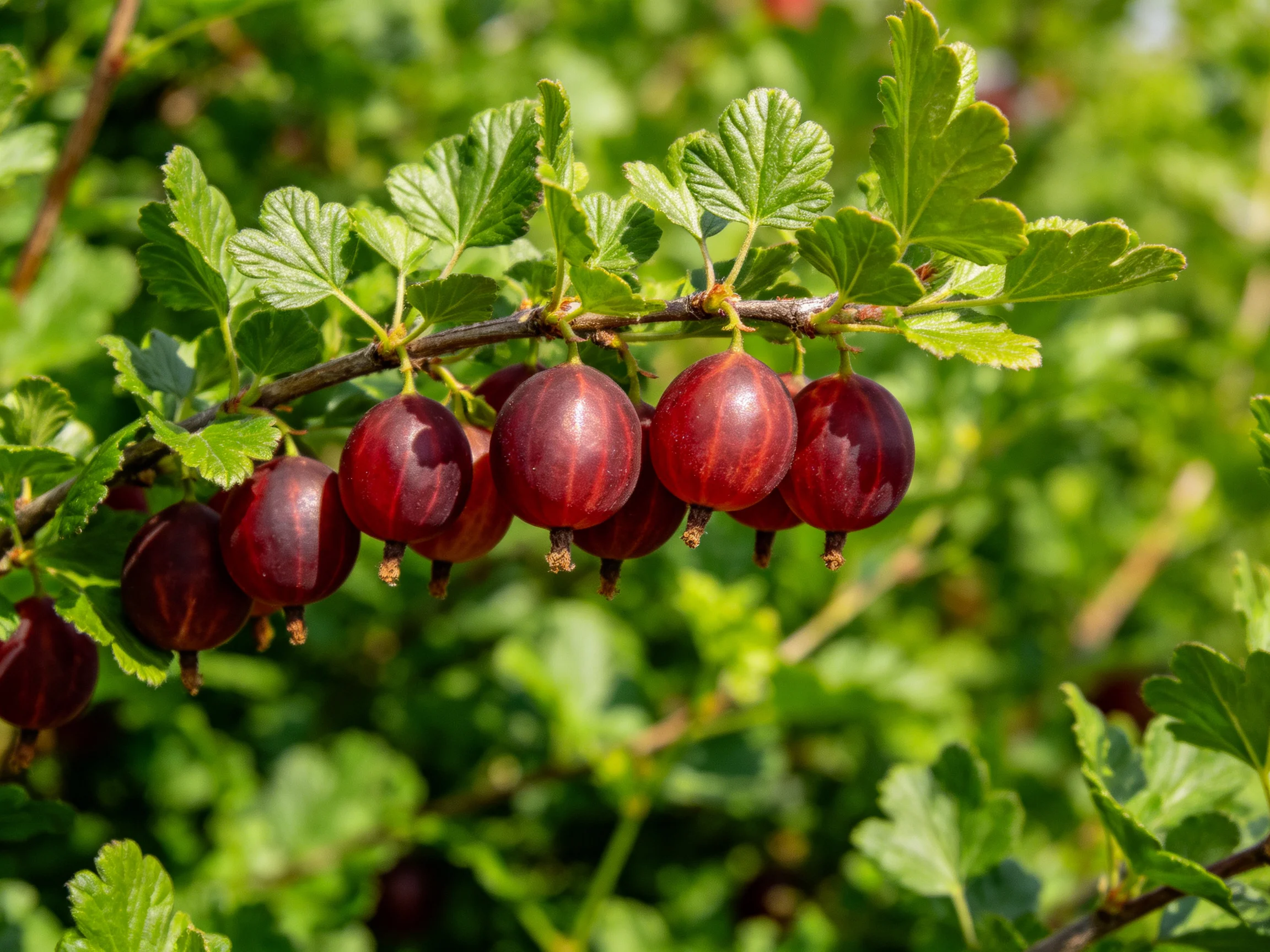 Several ripe red gooseberries dangle from a branch with bright green leaves