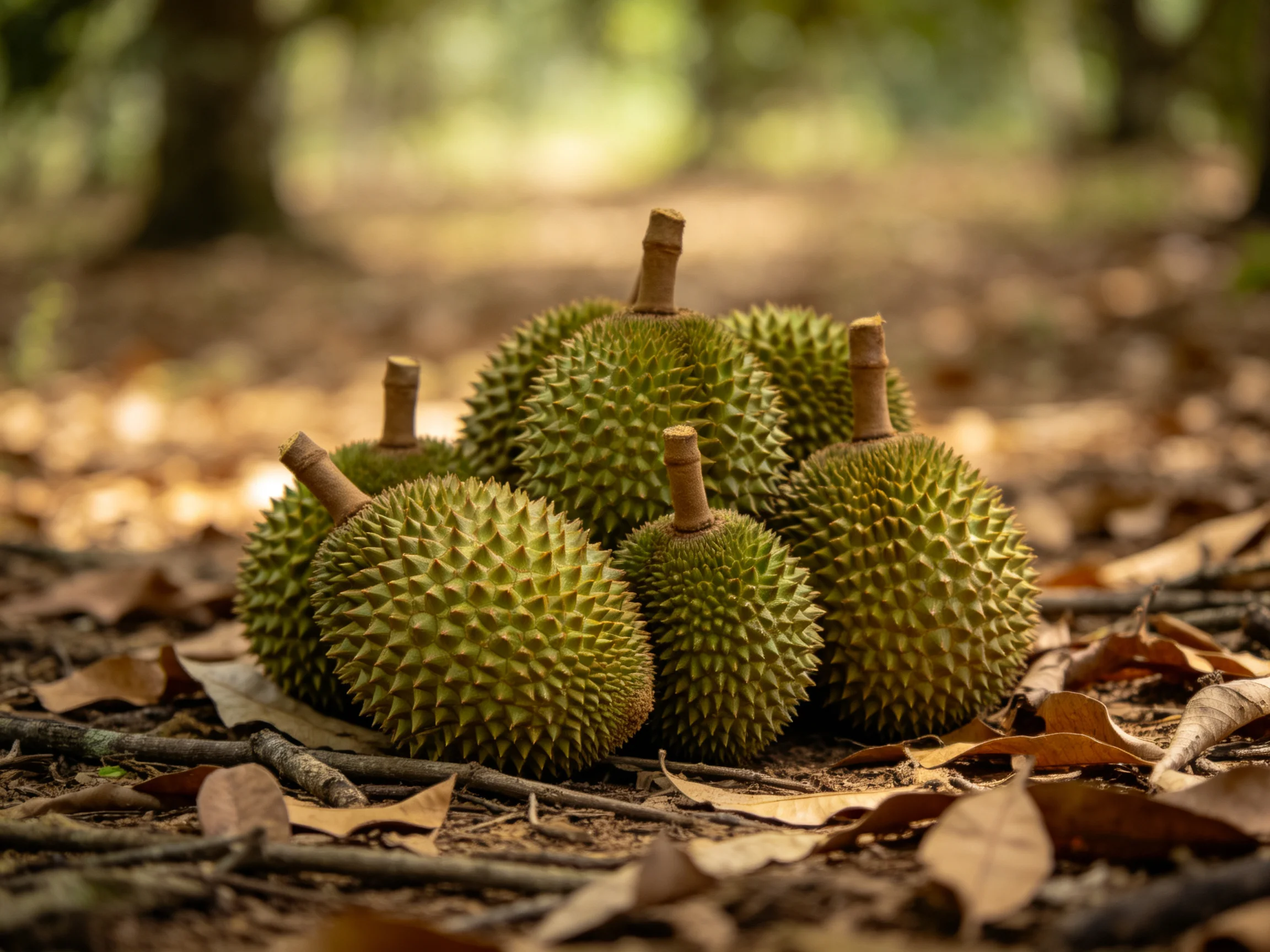 Several spiky green durians rest on dry leaves in a forest
