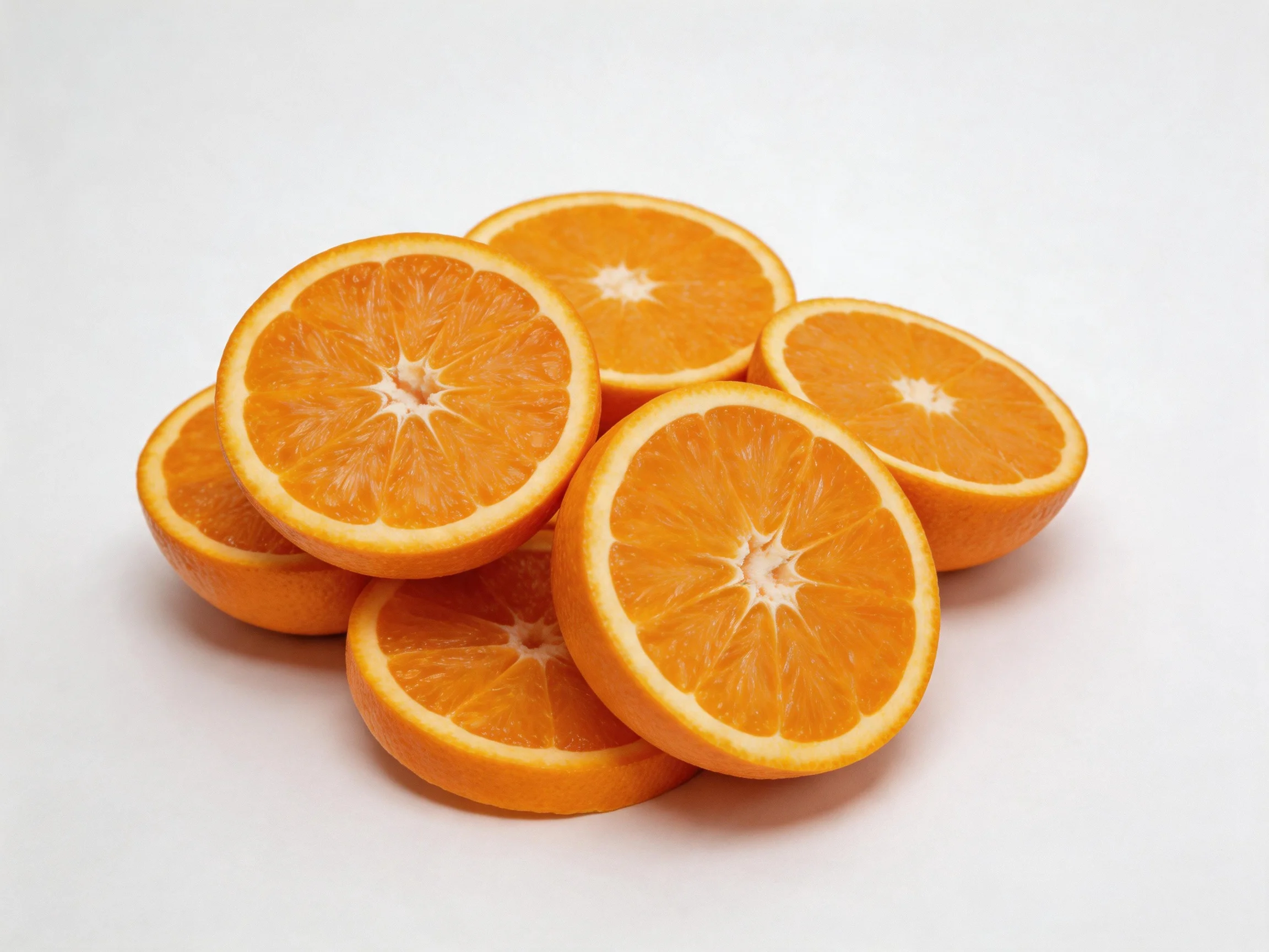 Several vibrant orange citrus slices arranged on a white surface