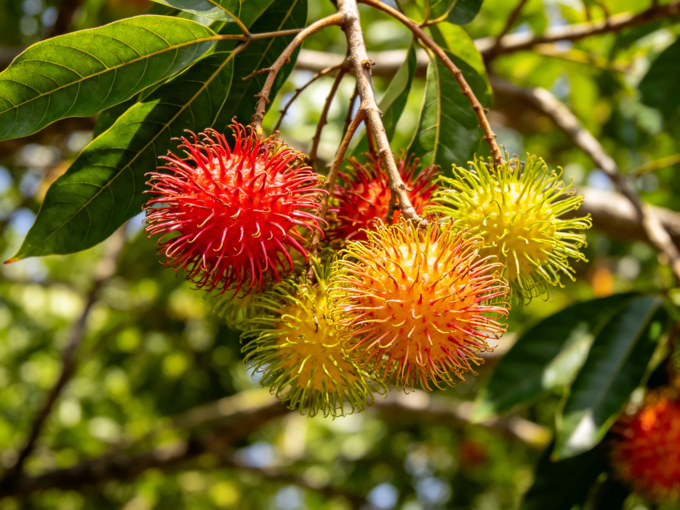 Several vibrant rambutan fruits hang from a leafy branch