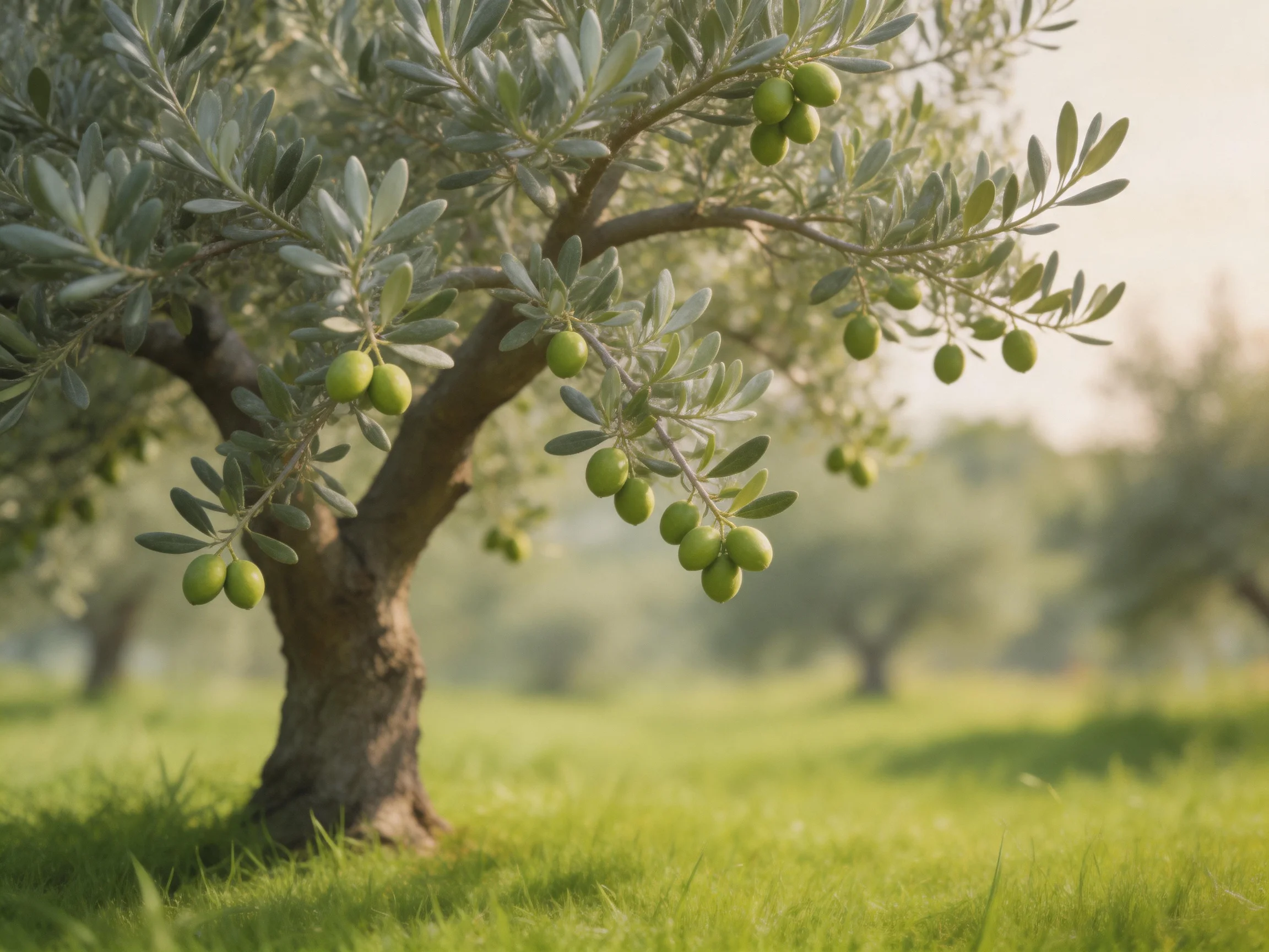Silver-leaved olive trees bearing green olives in sunlit grove