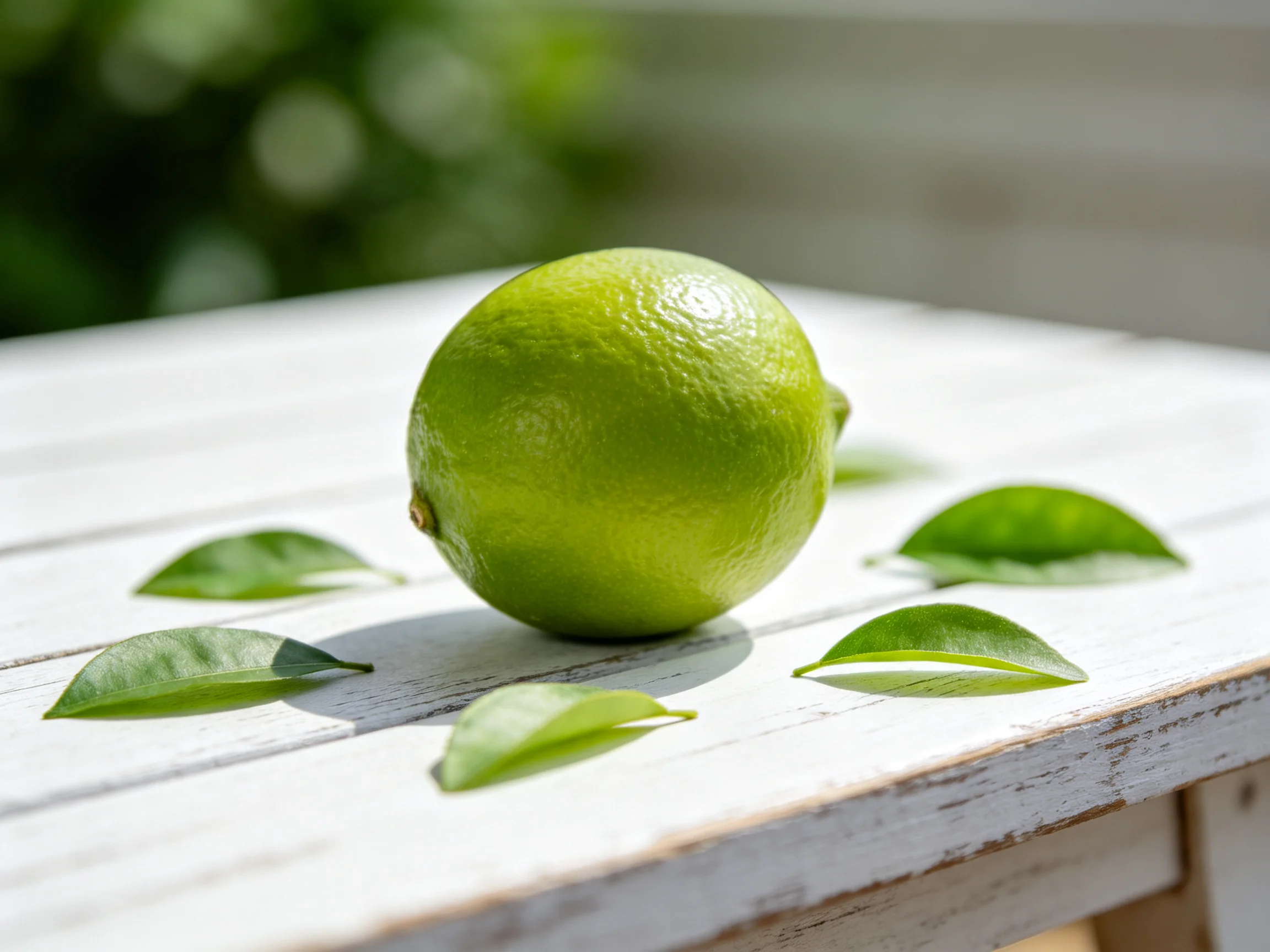 Single bright green lime on weathered white wooden surface with scattered green leaves