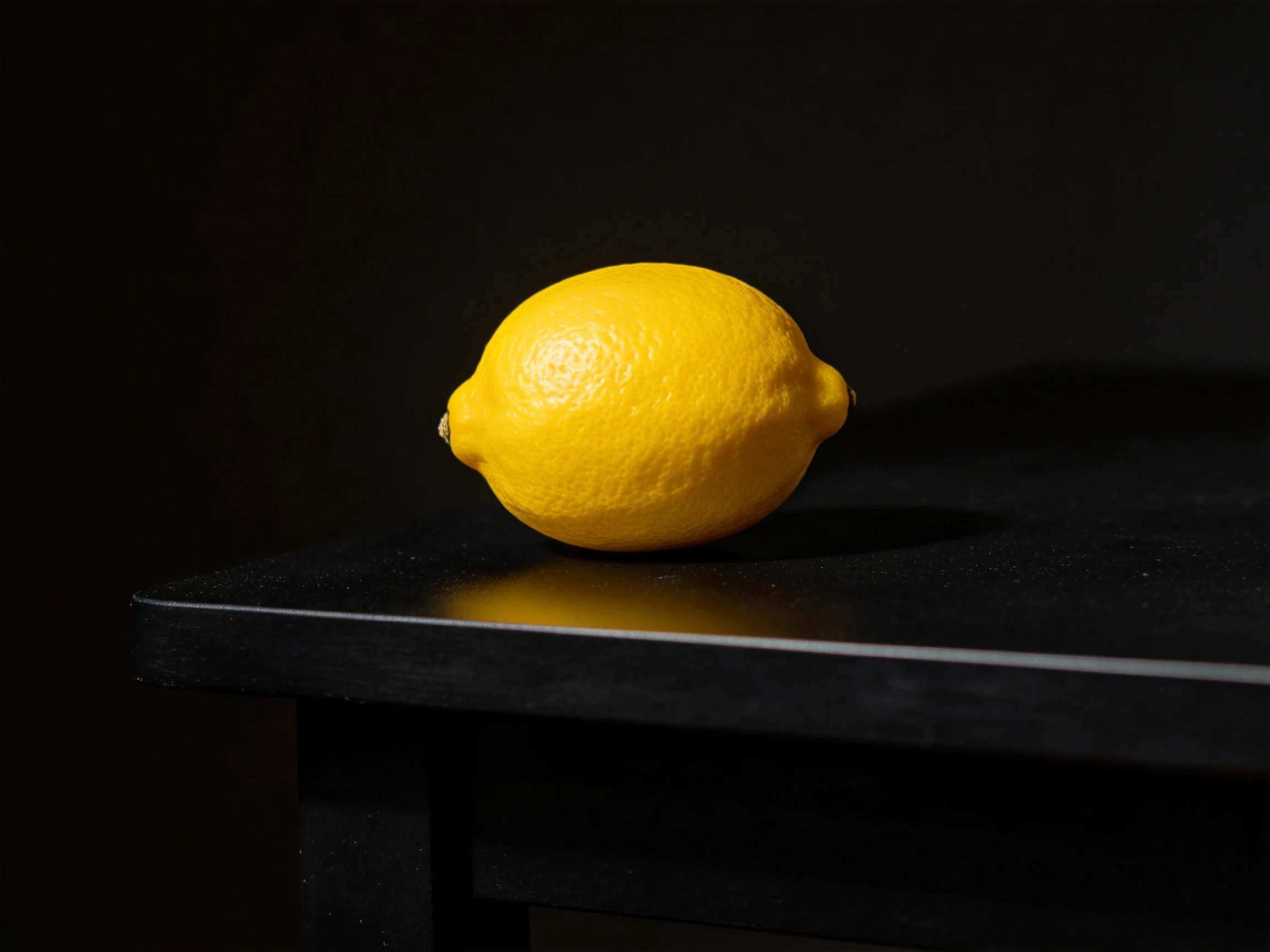 Single bright yellow lemon resting on a sleek black surface