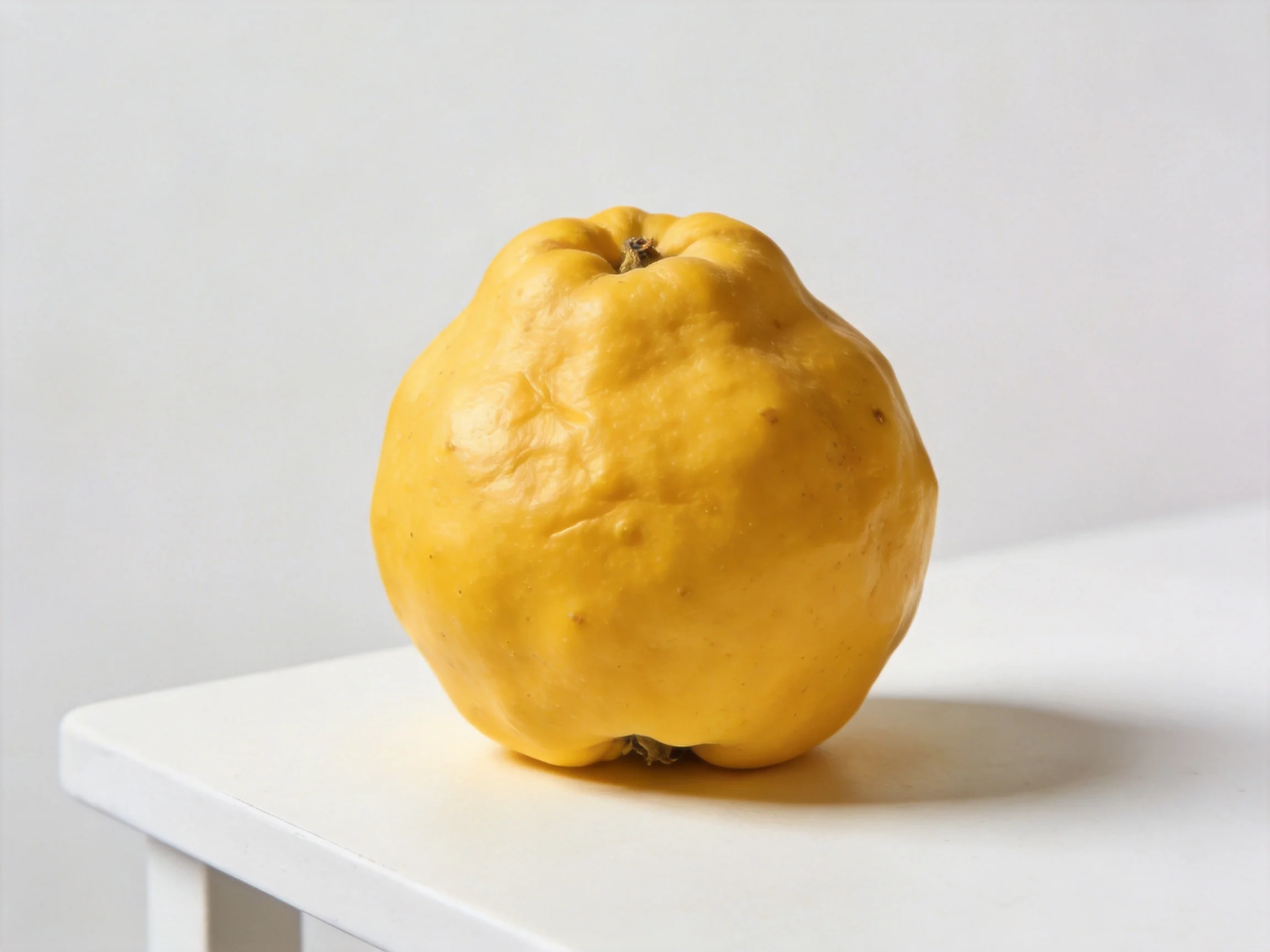 Single golden-yellow quince rests atop a plain white table