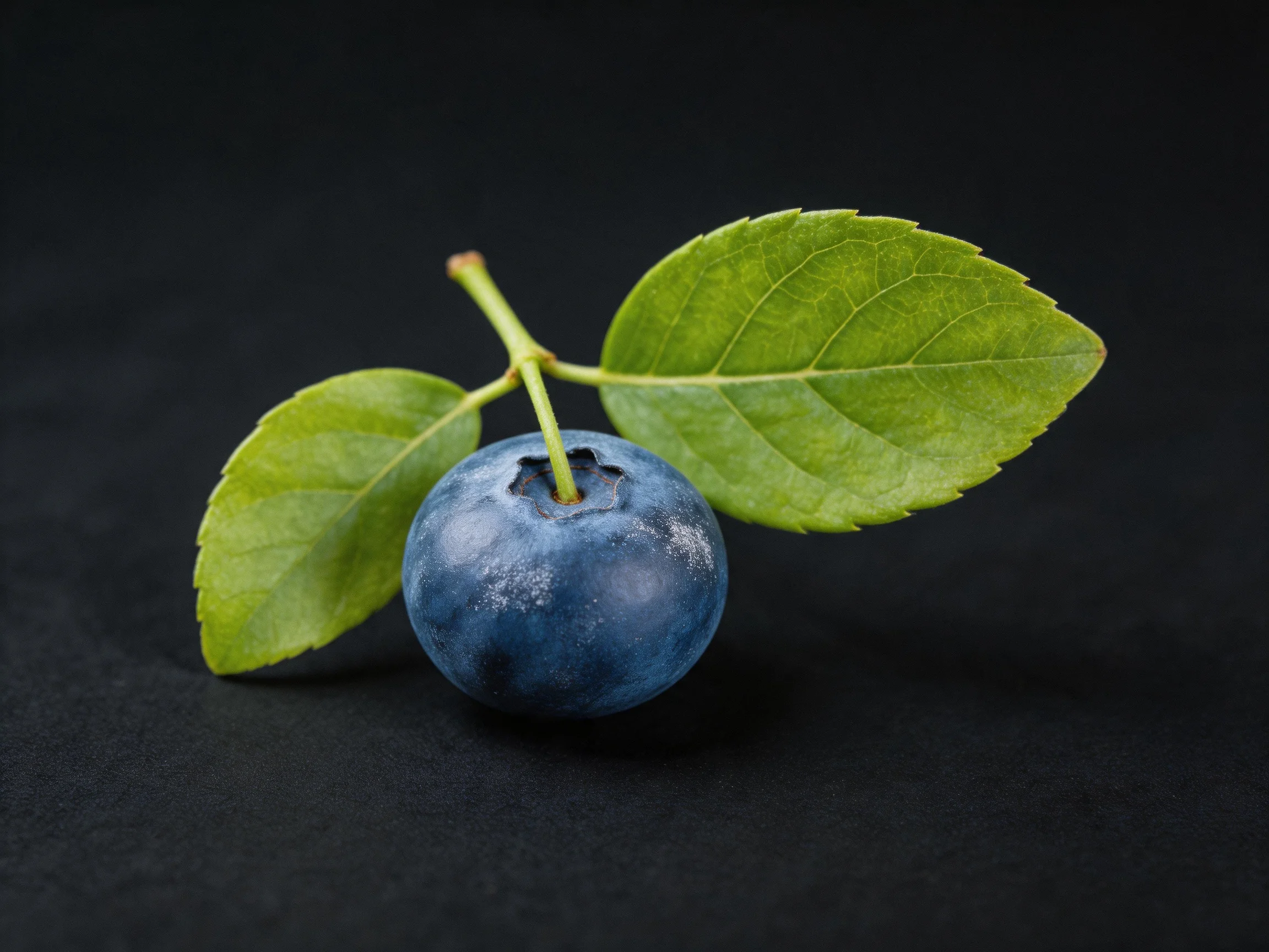 Single plump blueberry with vibrant green leaves on dark surface