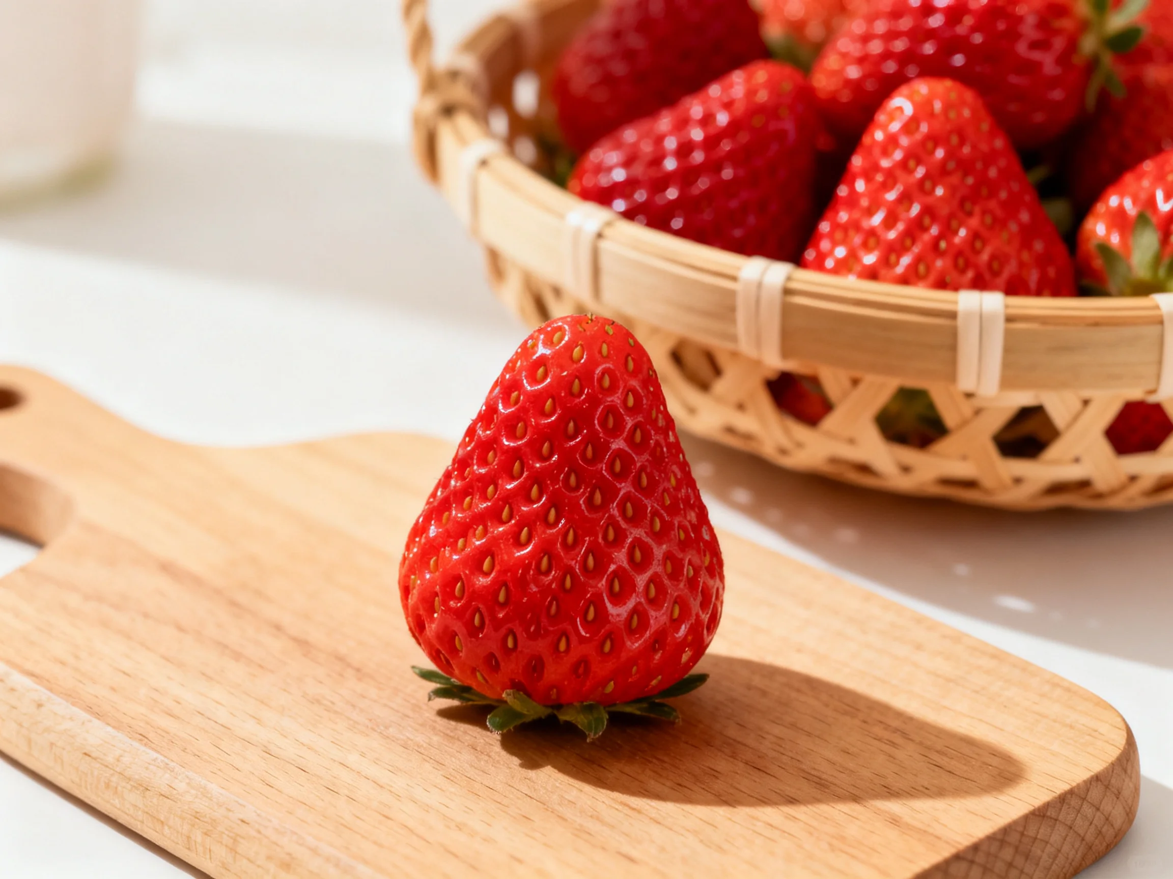 Single ripe strawberry on wooden board with basket of strawberries