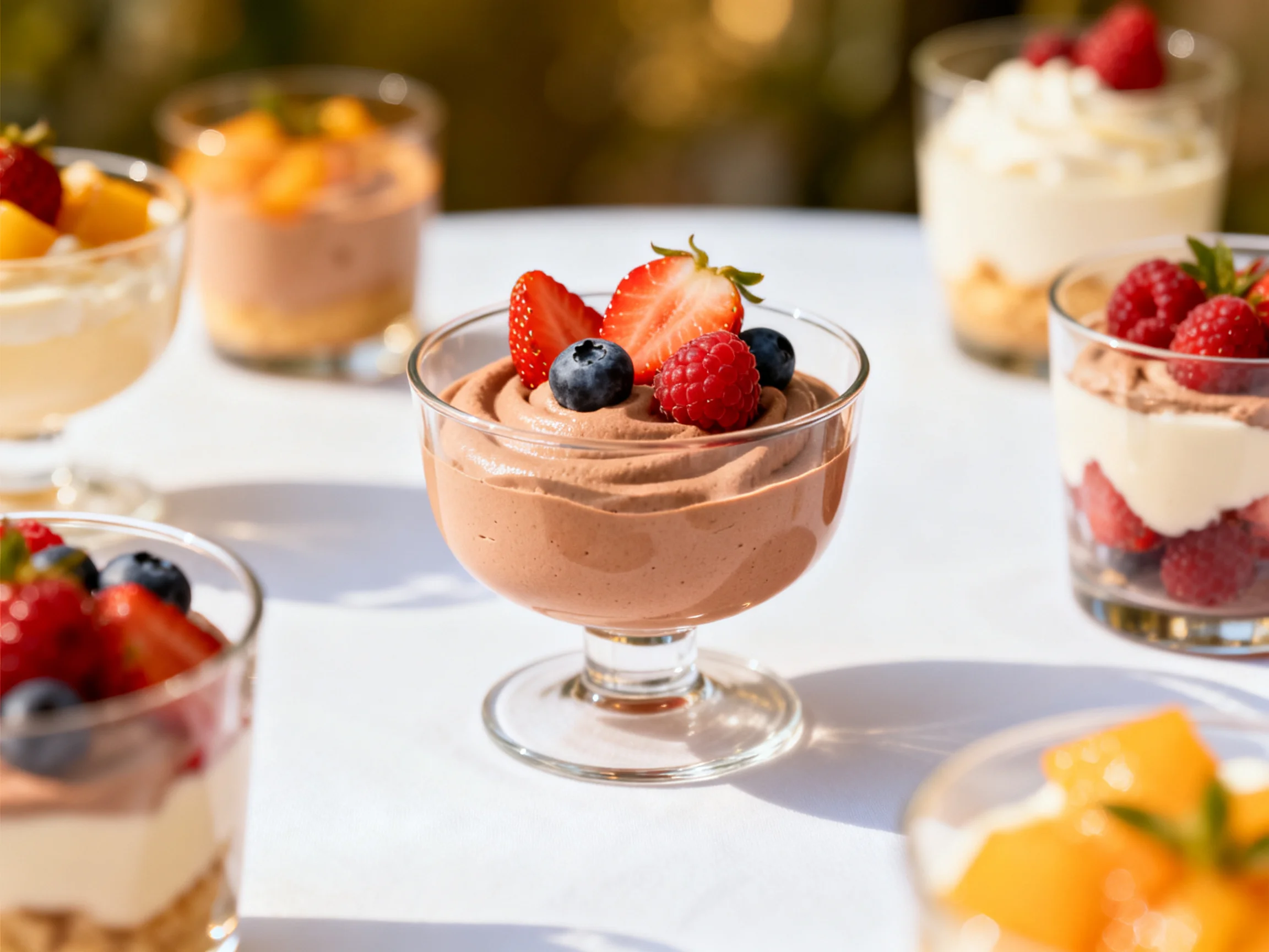 Six assorted dessert cups with fresh berries and creamy fillings