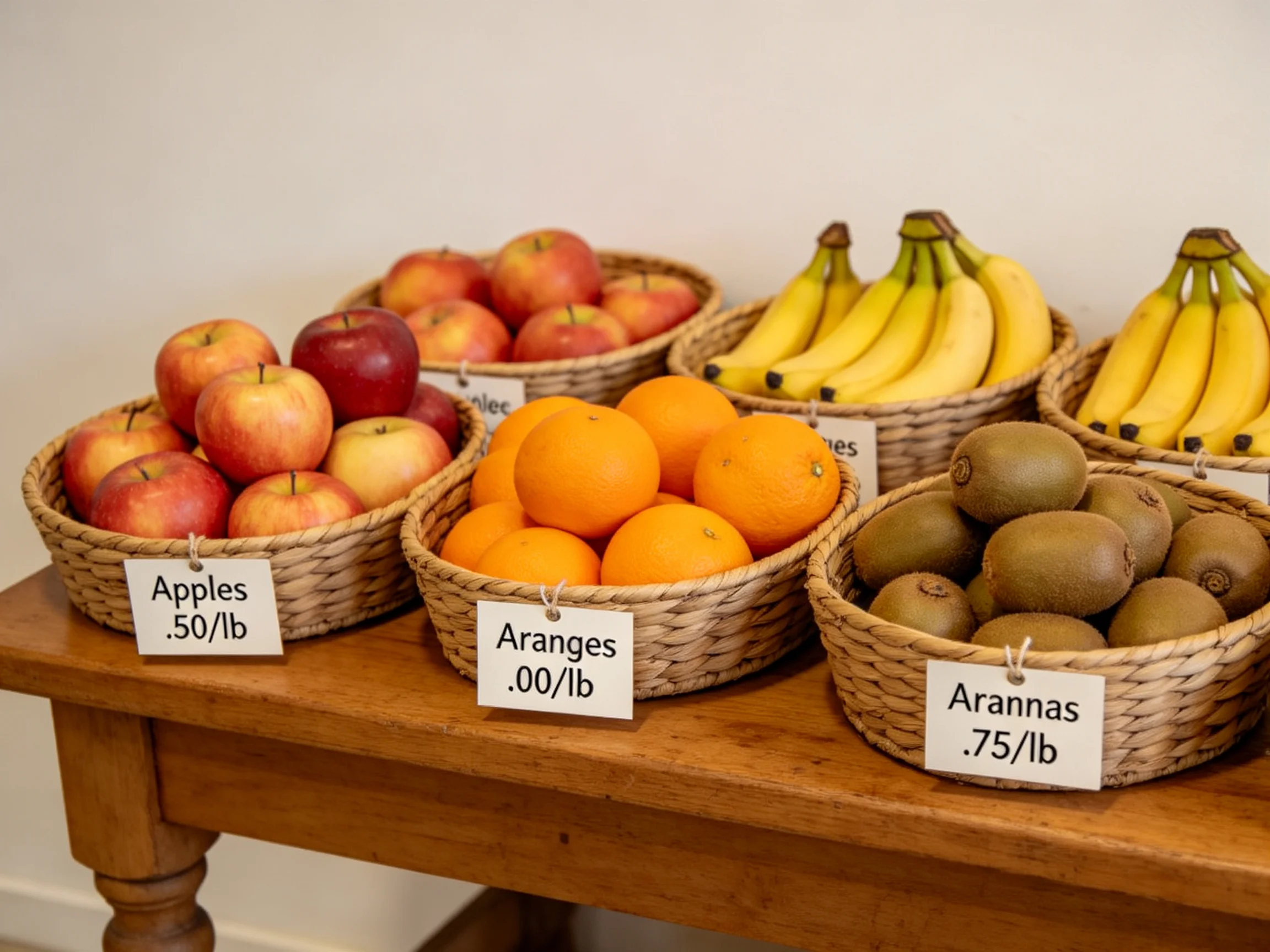 Six baskets of assorted fruits with price labels on a wooden table