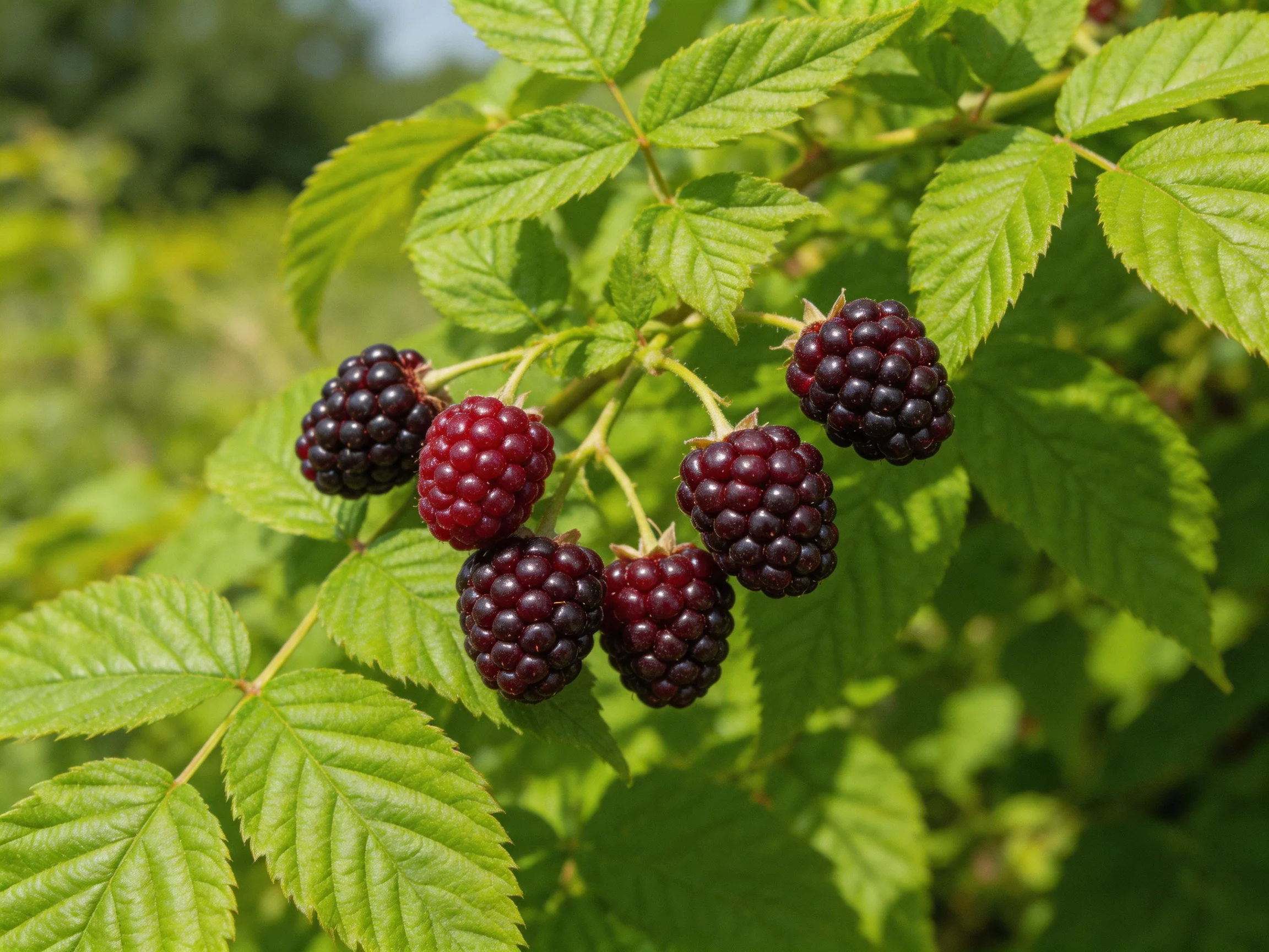Six blackberries in varied hues grow amid lush green foliage