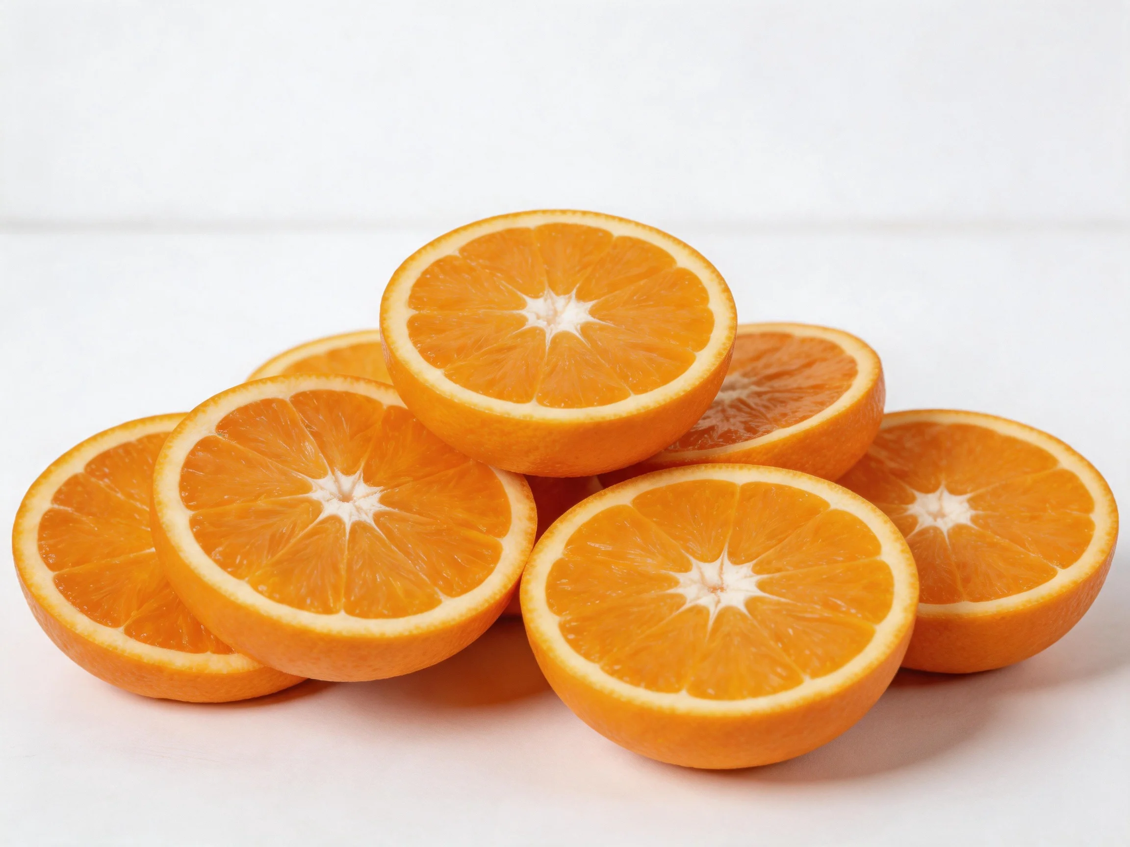 Six bright orange citrus fruit slices stacked on a plain white backdrop.