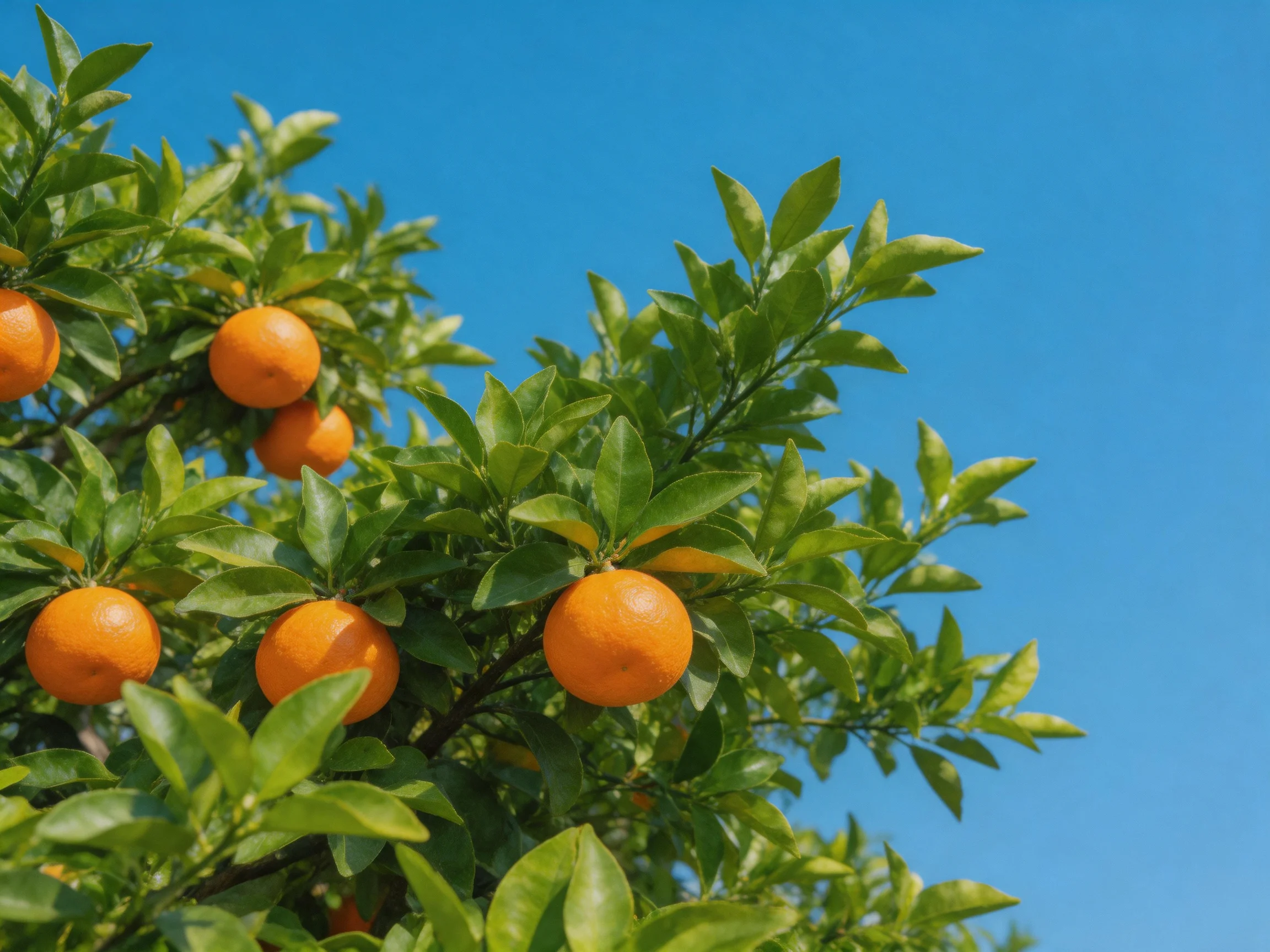 Six bright orange citrus fruits grow amid dense green foliage against a vivid blue sky