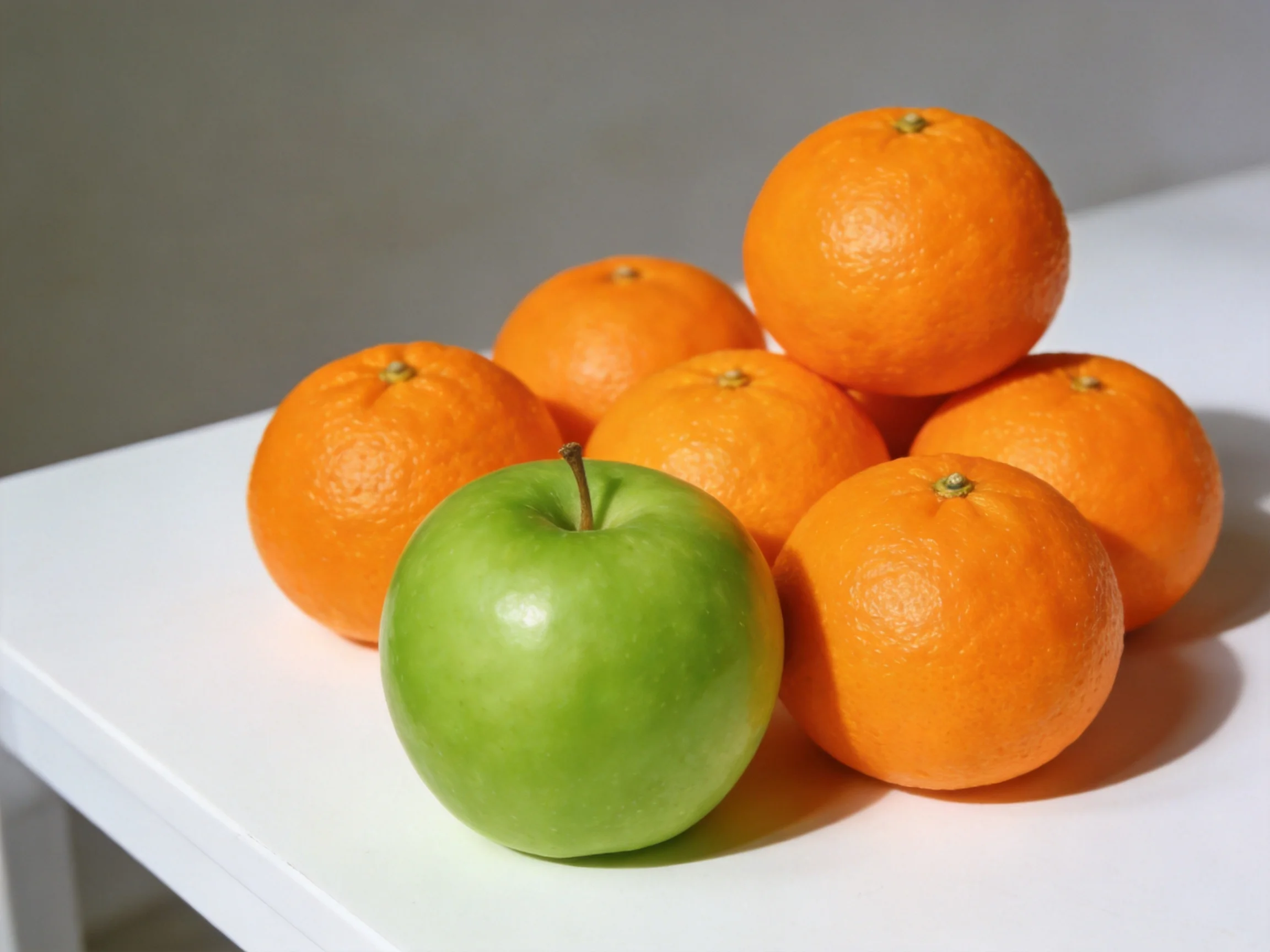 Six bright orange oranges and one glossy green apple on a white table