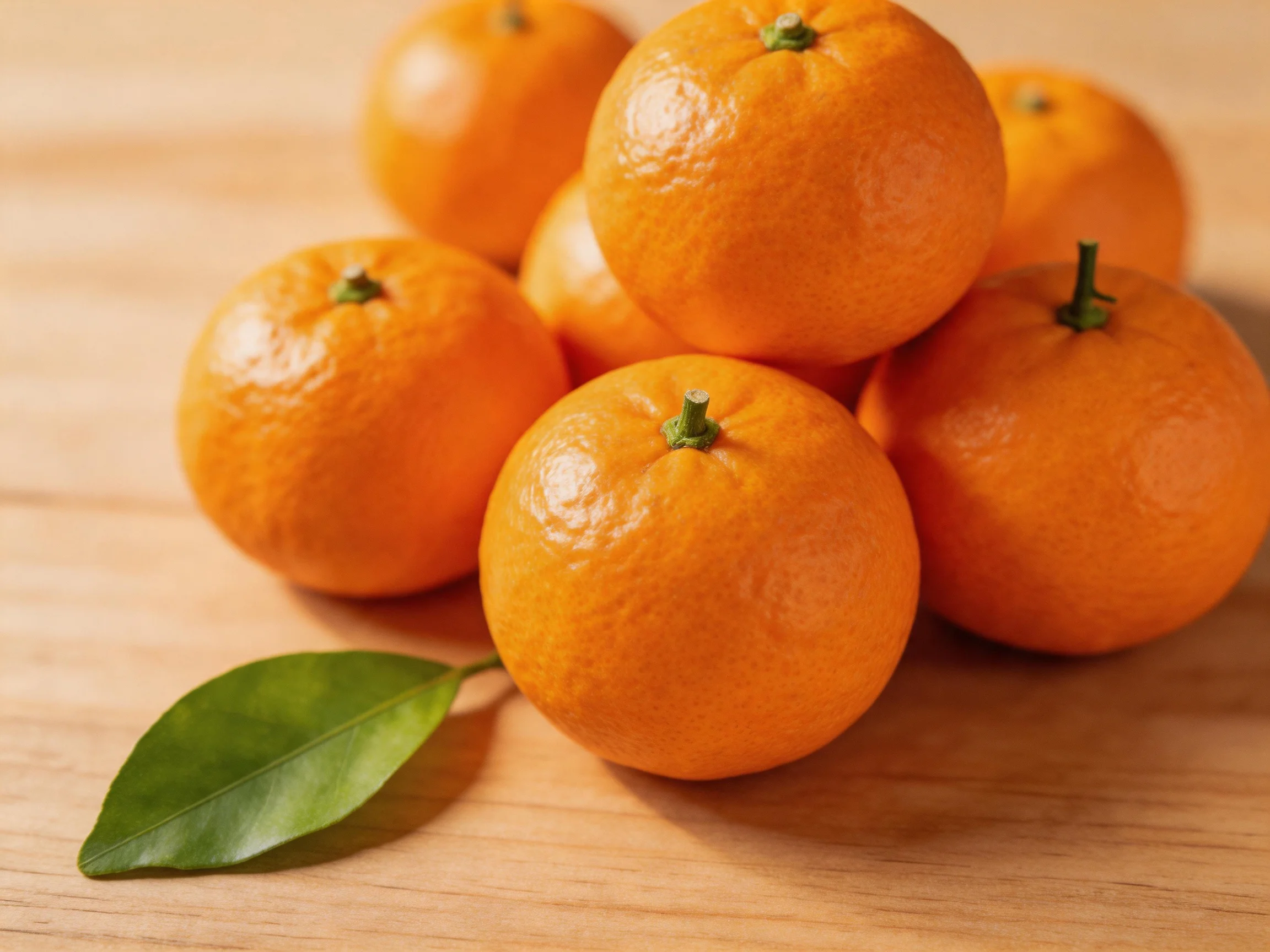 Six bright orange tangerines grouped on a wooden surface with a green leaf