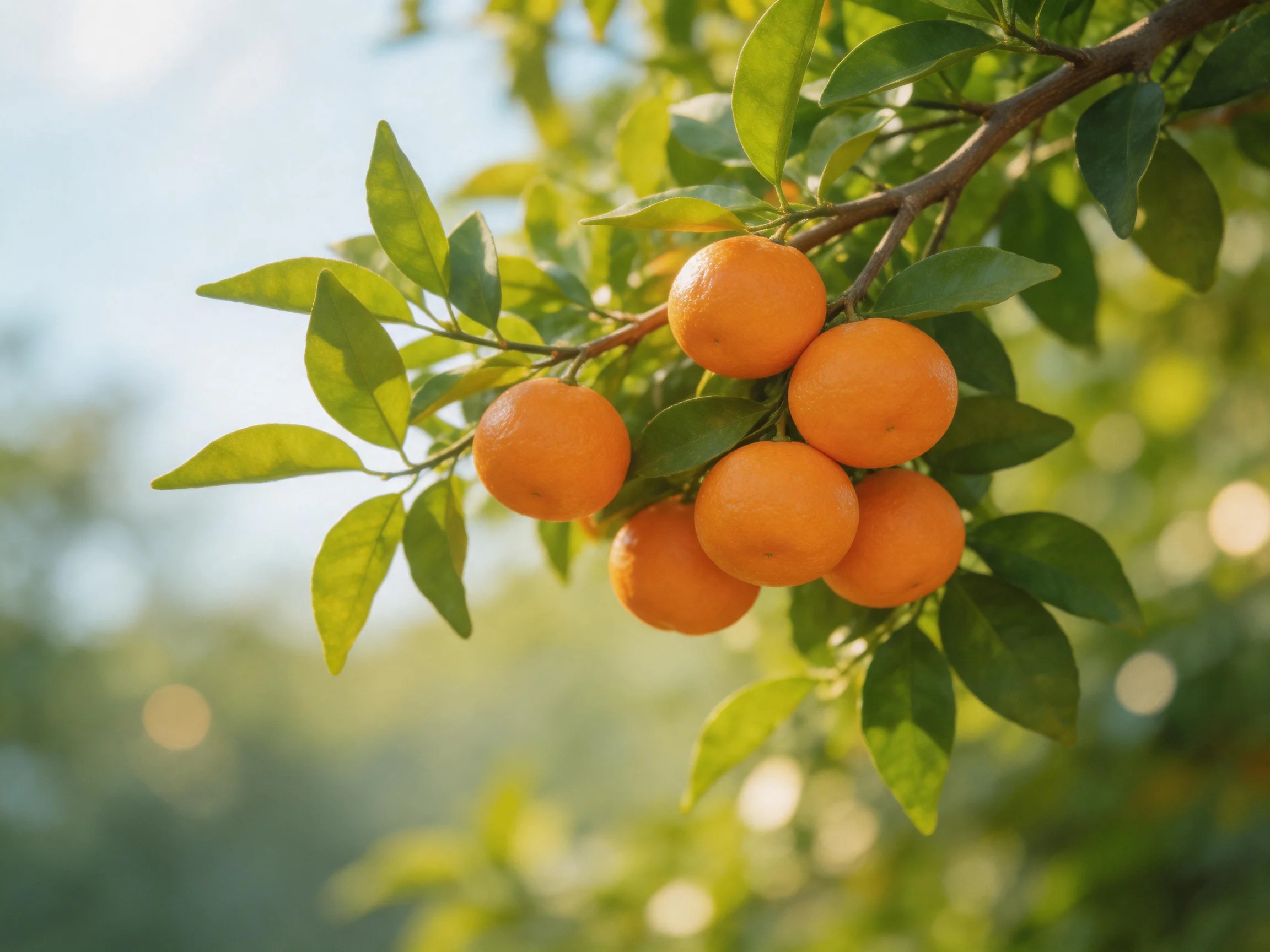 Six bright oranges cluster on a leafy tree branch in sunny daylight