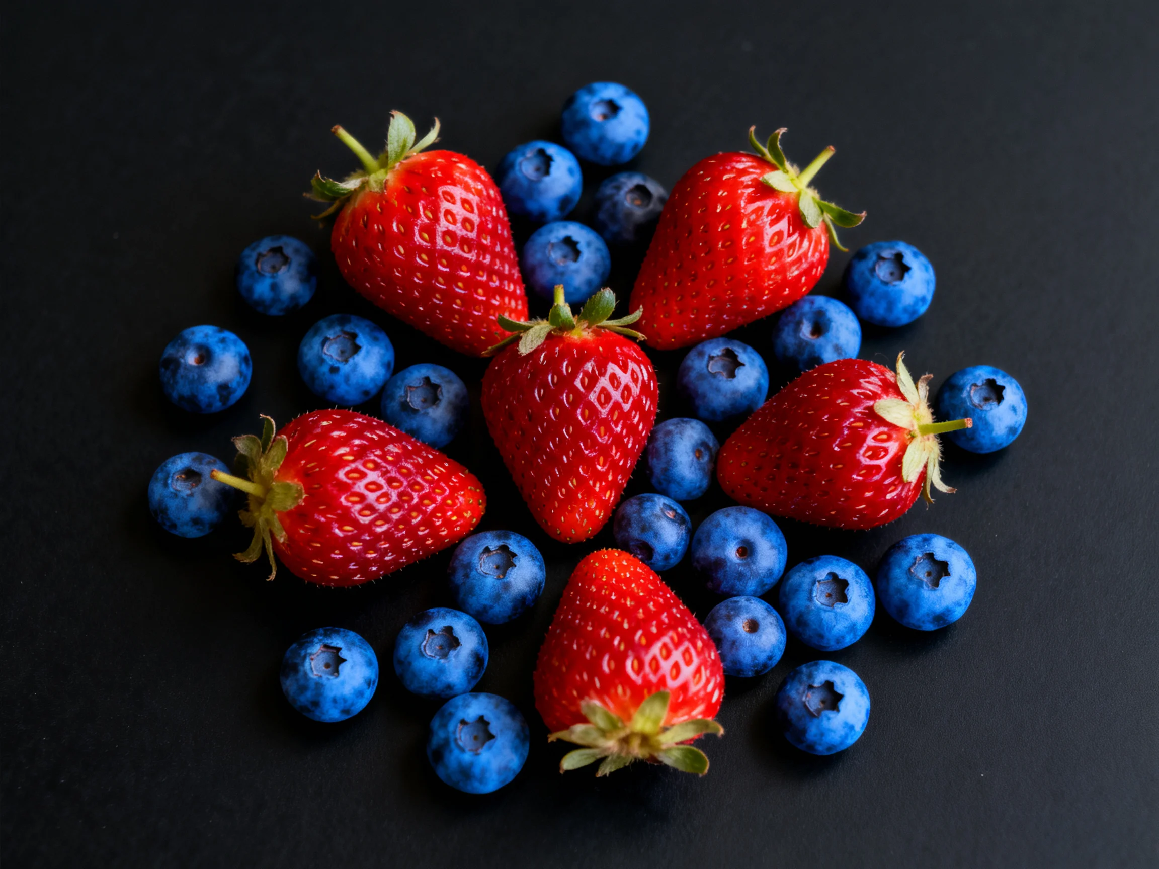 Six bright red strawberries arranged among numerous plump blueberries on a dark surface
