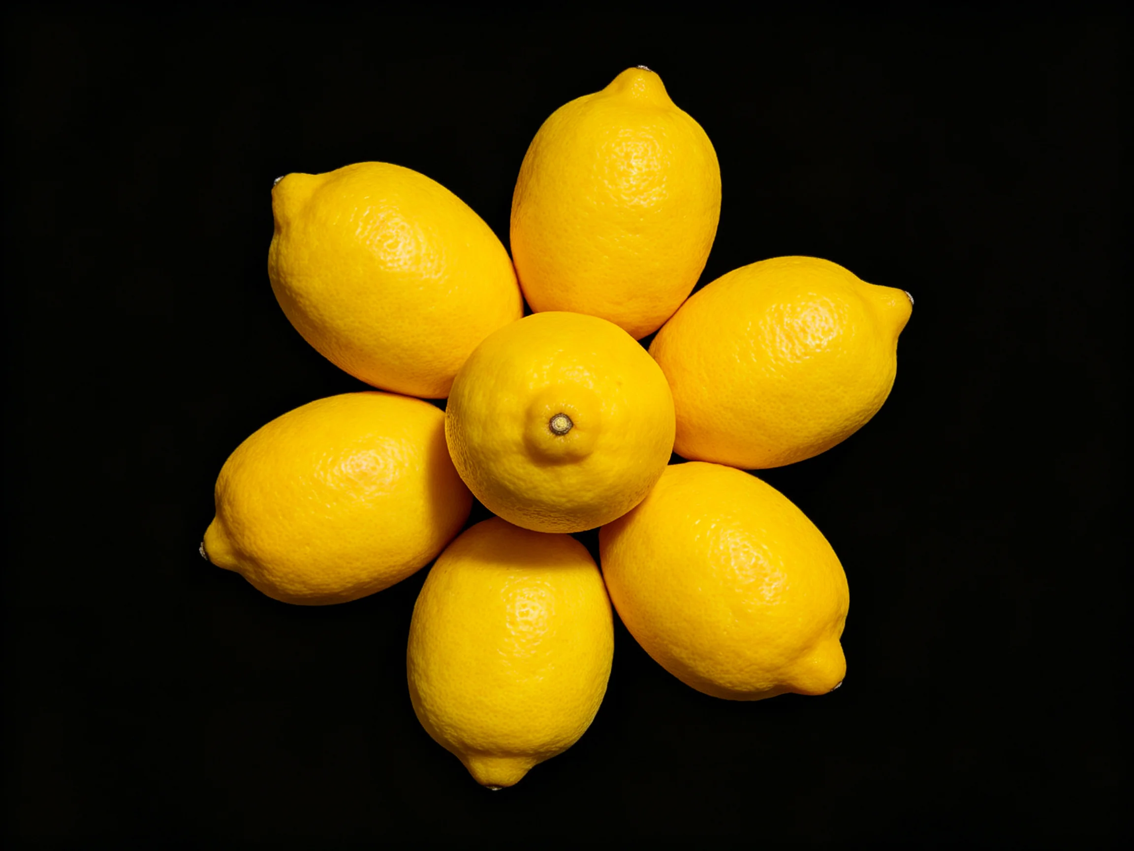 Six bright yellow lemons arranged in a circular cluster on a black surface