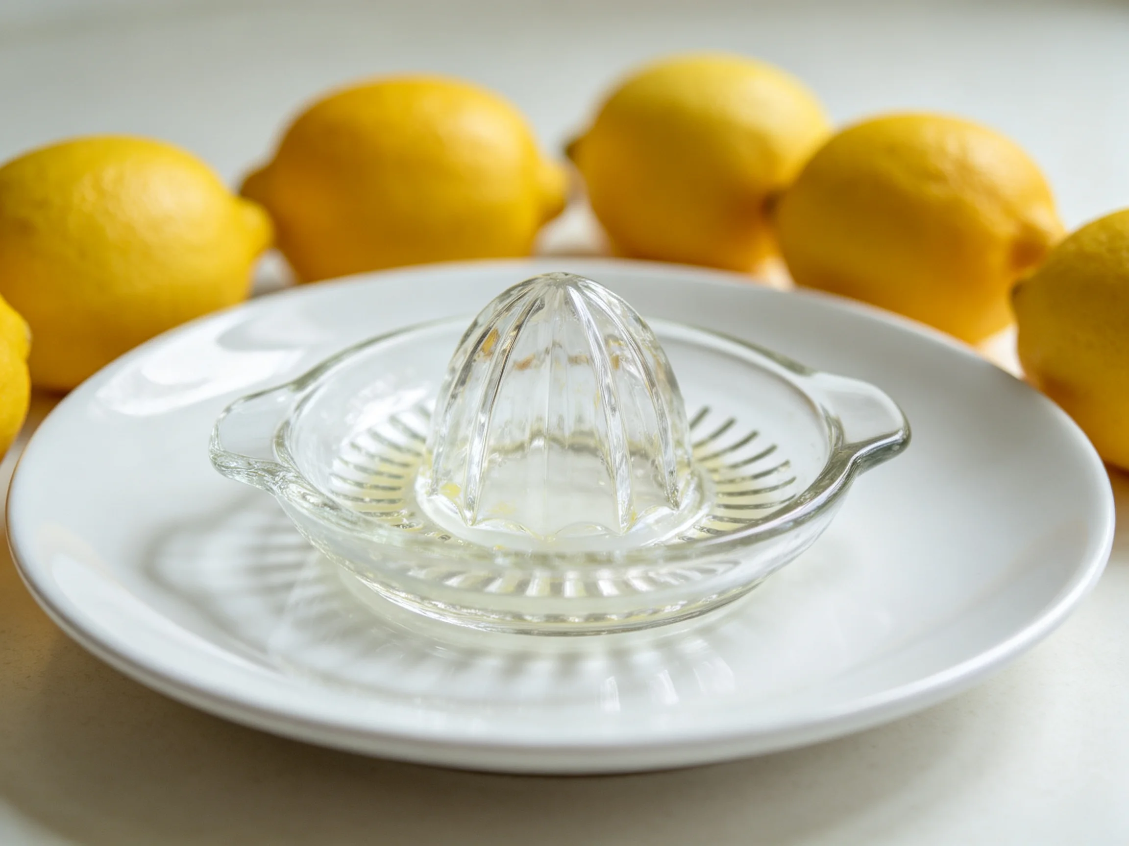 Six bright yellow lemons surround a clear glass juicer on a white plate