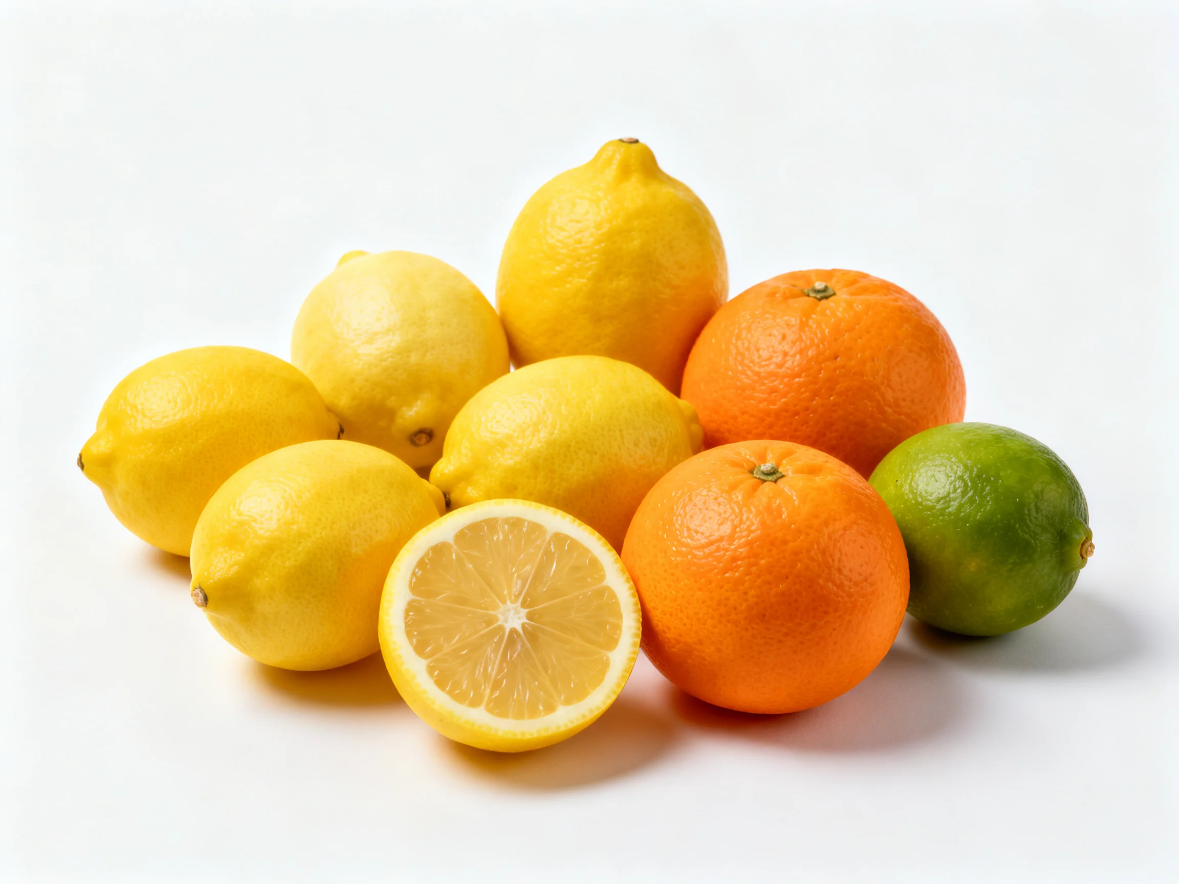 Six bright yellow lemons, two oranges, one green lime arranged on white