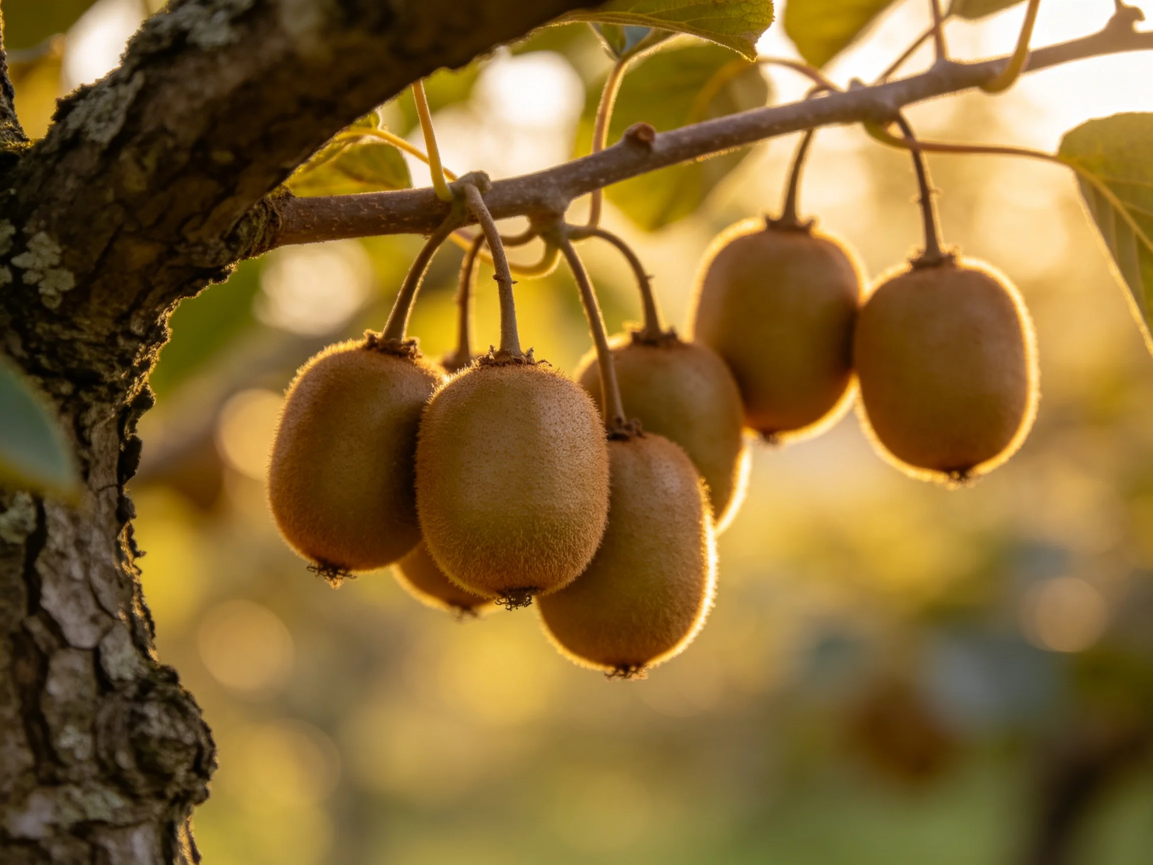 Six brown kiwis hang from a tree branch in golden sunlight