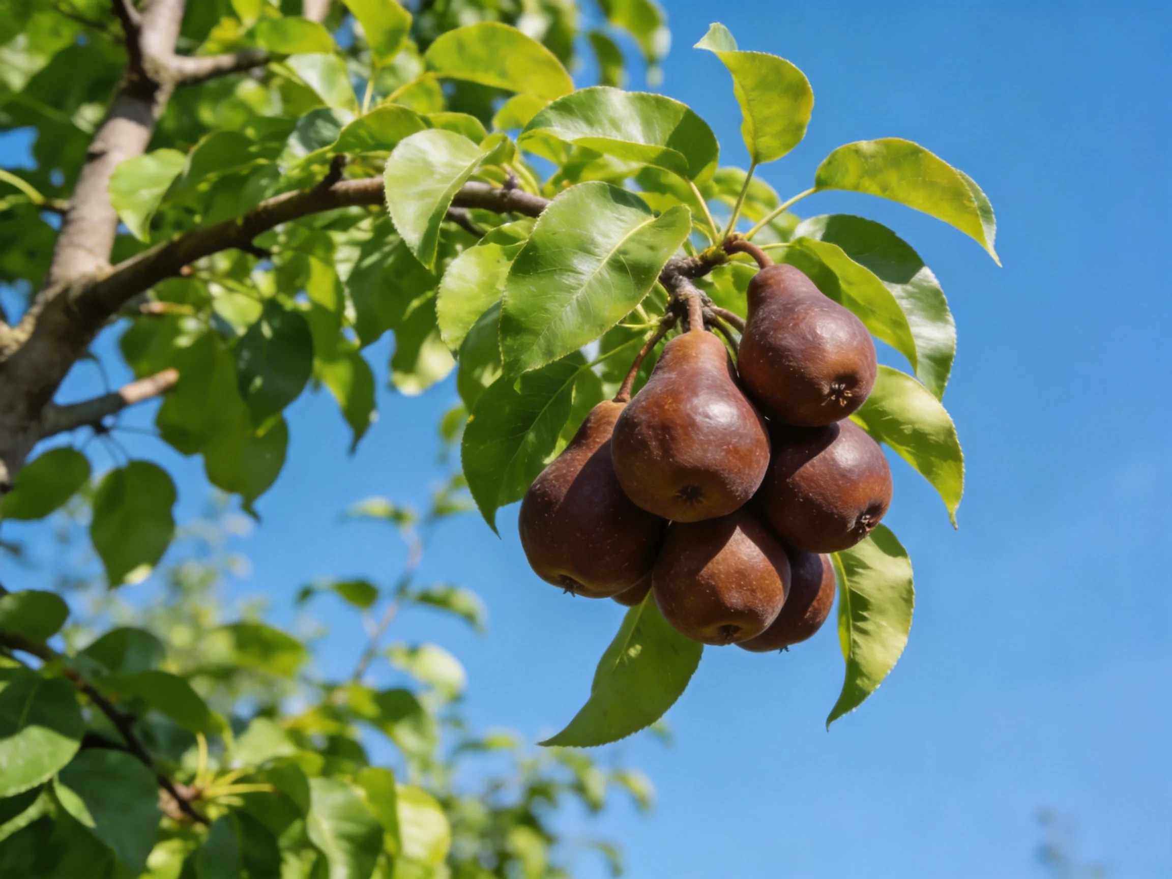 Six brown pears cluster on a leafy pear tree under bright blue sky