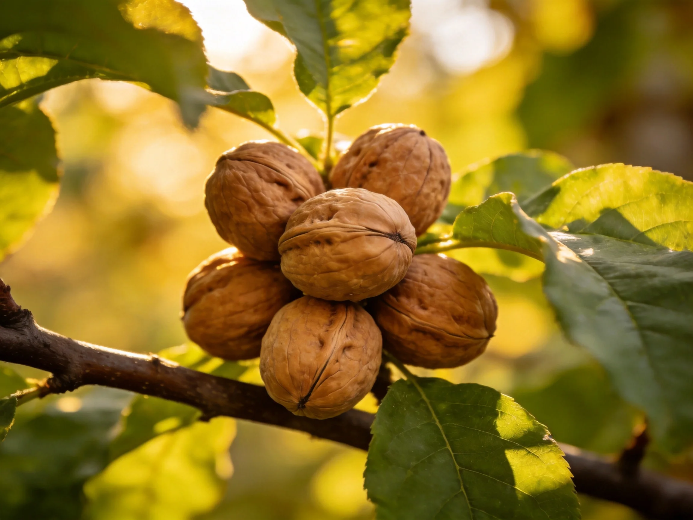 Six brown walnuts cluster on a tree branch with green leaves in golden light