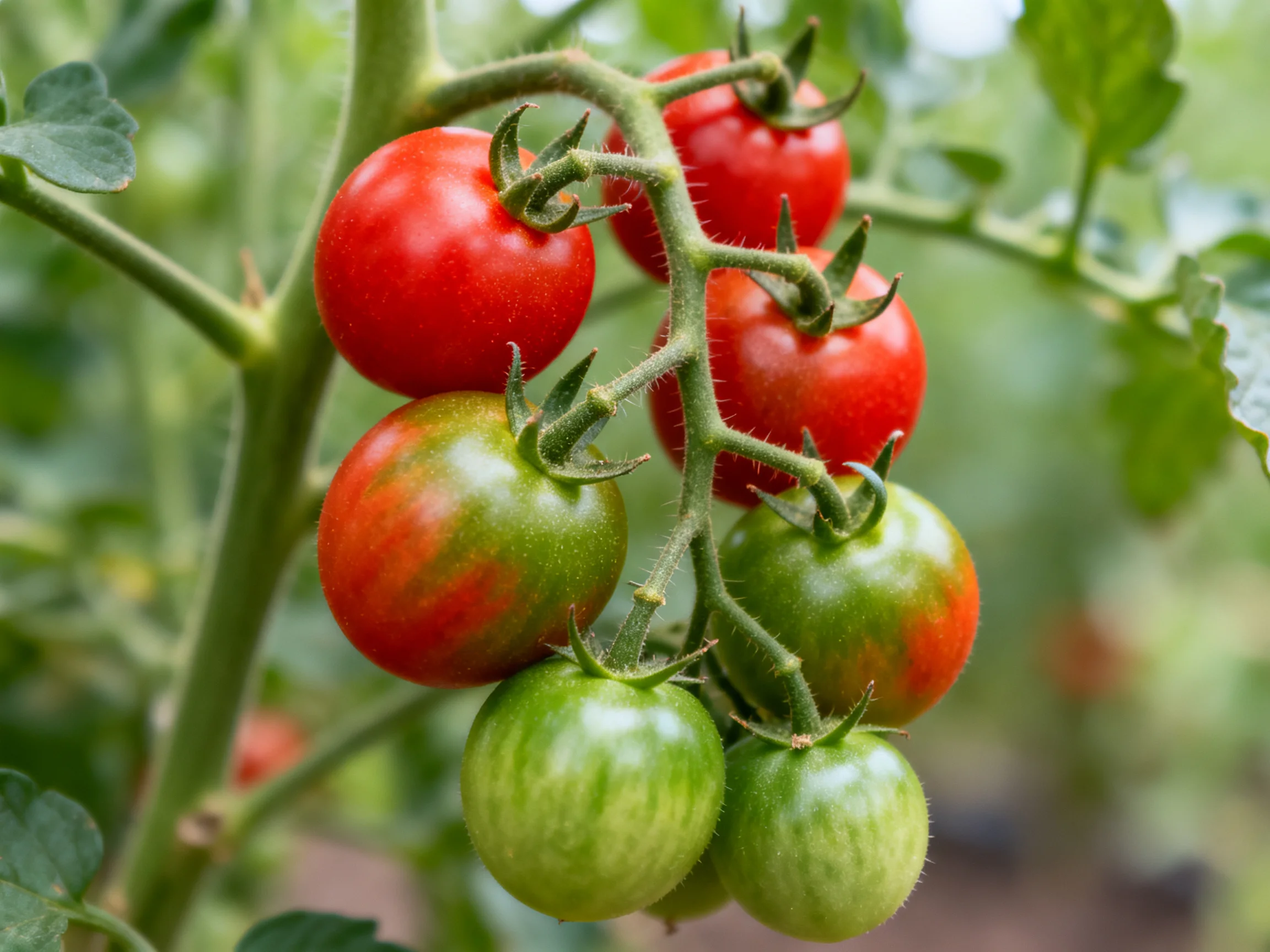 Six cherry tomatoes ripening on a vine, red and green hues
