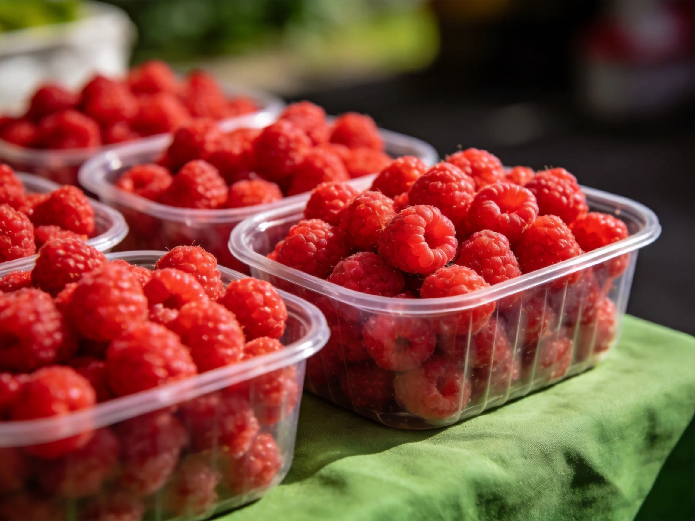 Six clear containers filled with plump red raspberries sit atop a green cloth
