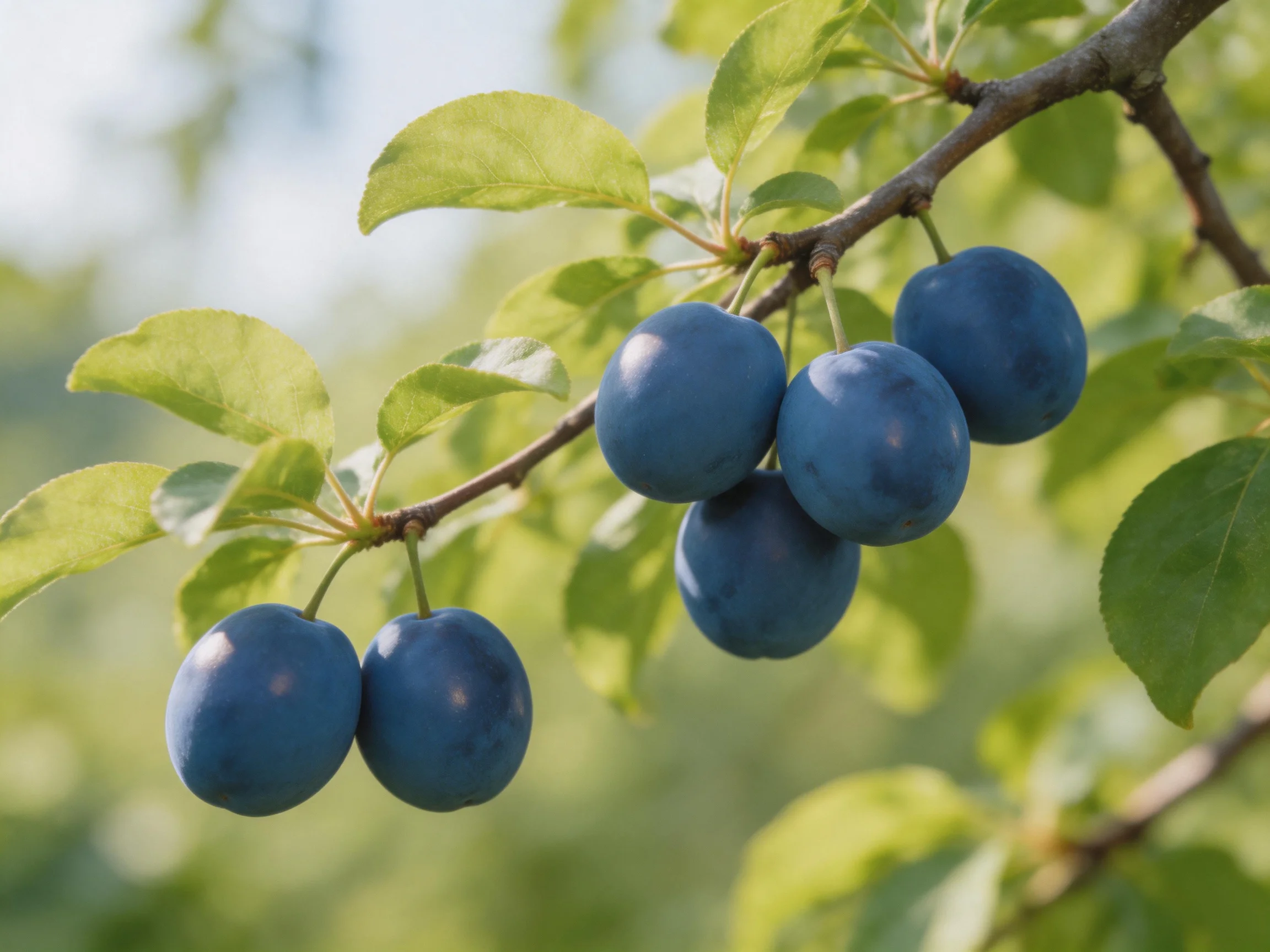 Six dark blue plums cluster on a tree branch with green leaves