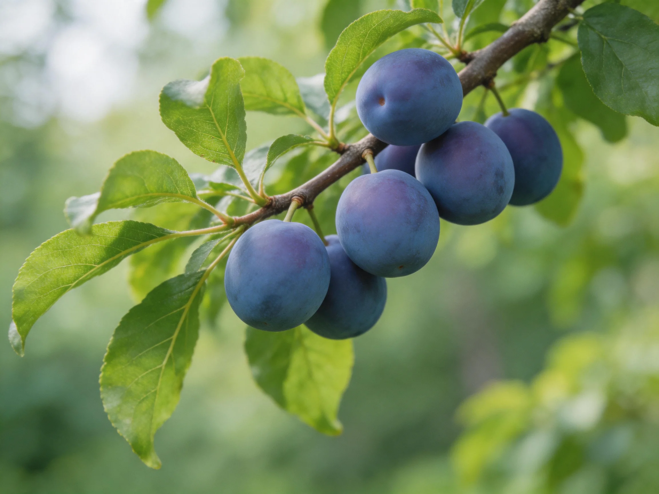 Six deep purple plums cluster on a branch with vibrant green leaves