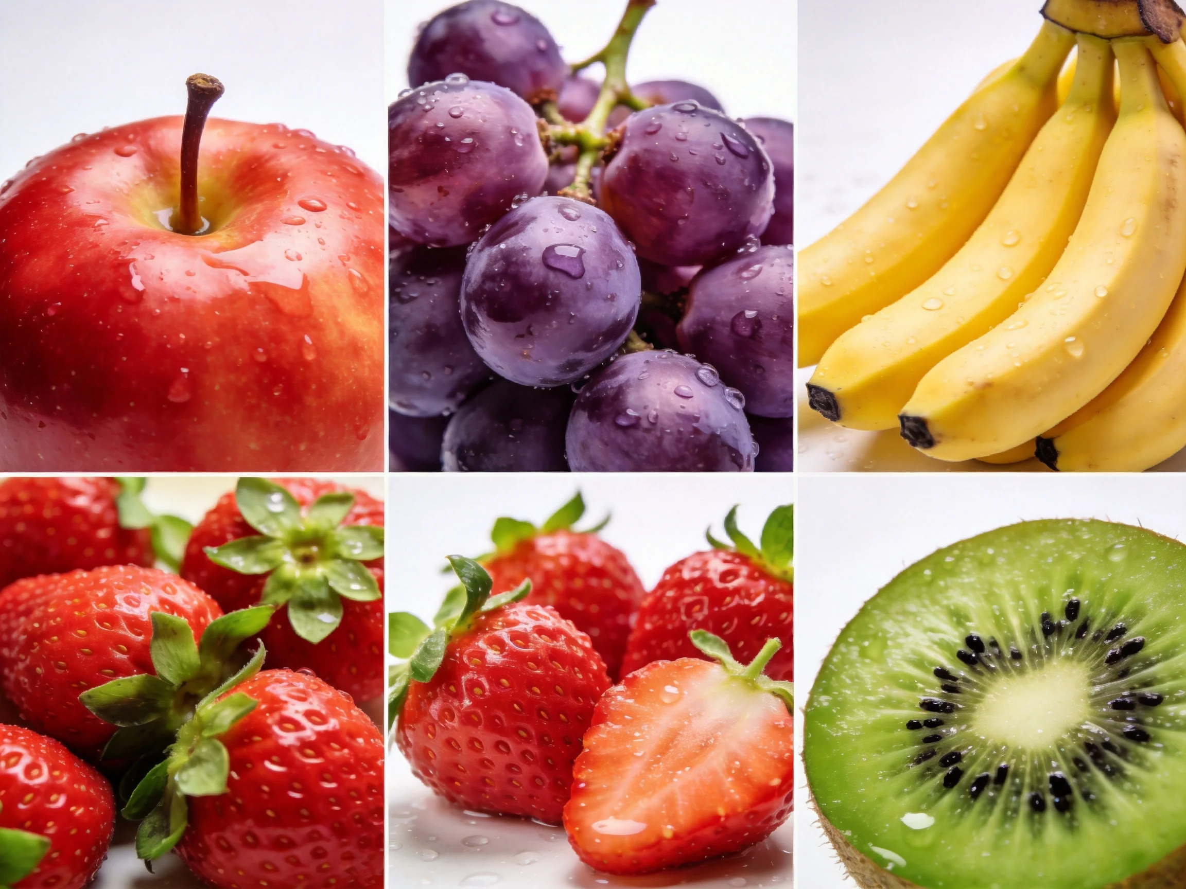 Six fresh fruits arranged in a grid: apple, grapes, bananas, strawberries, and kiwi