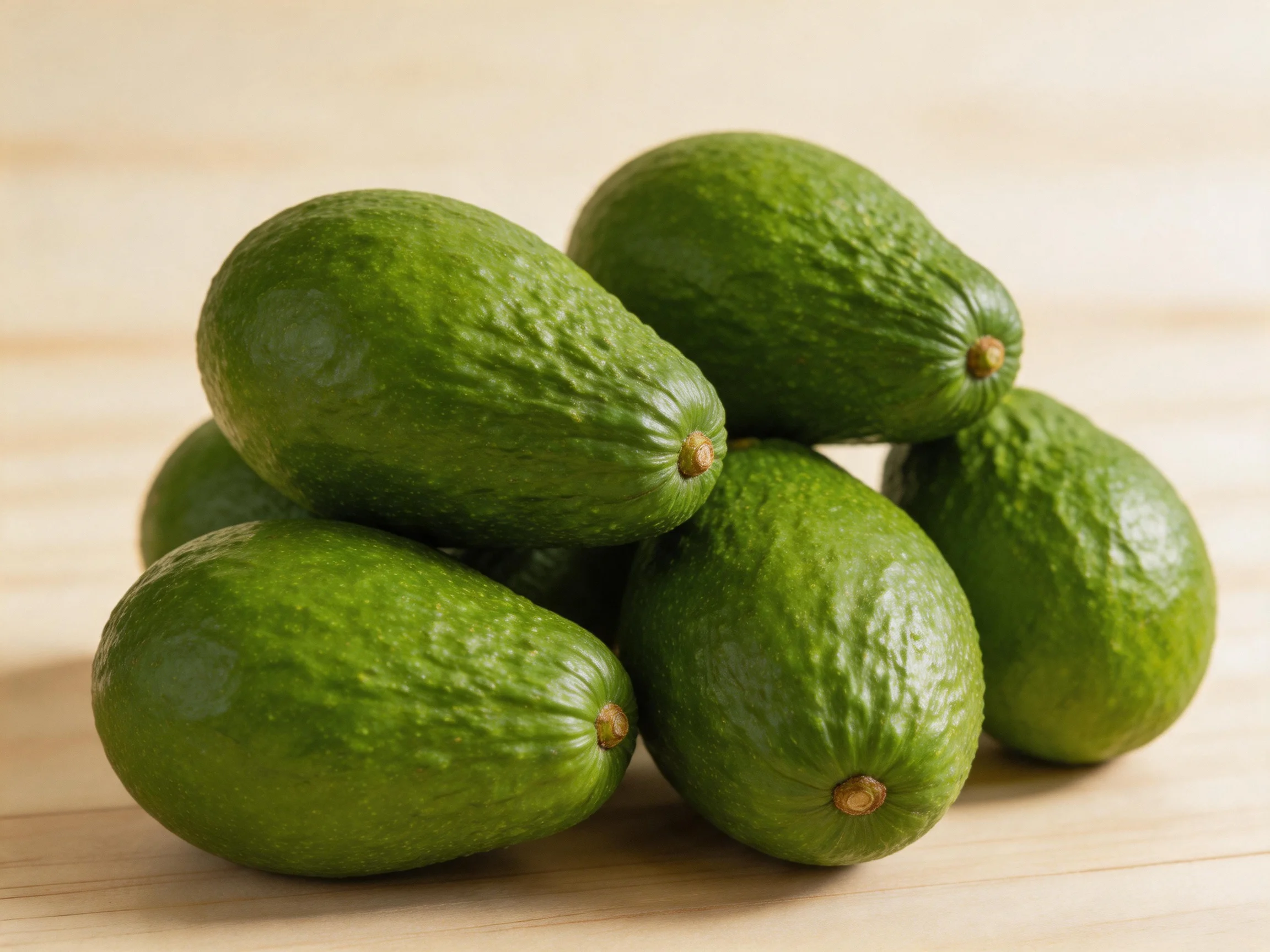 Six fresh green avocados arranged in a cluster on a light wooden surface